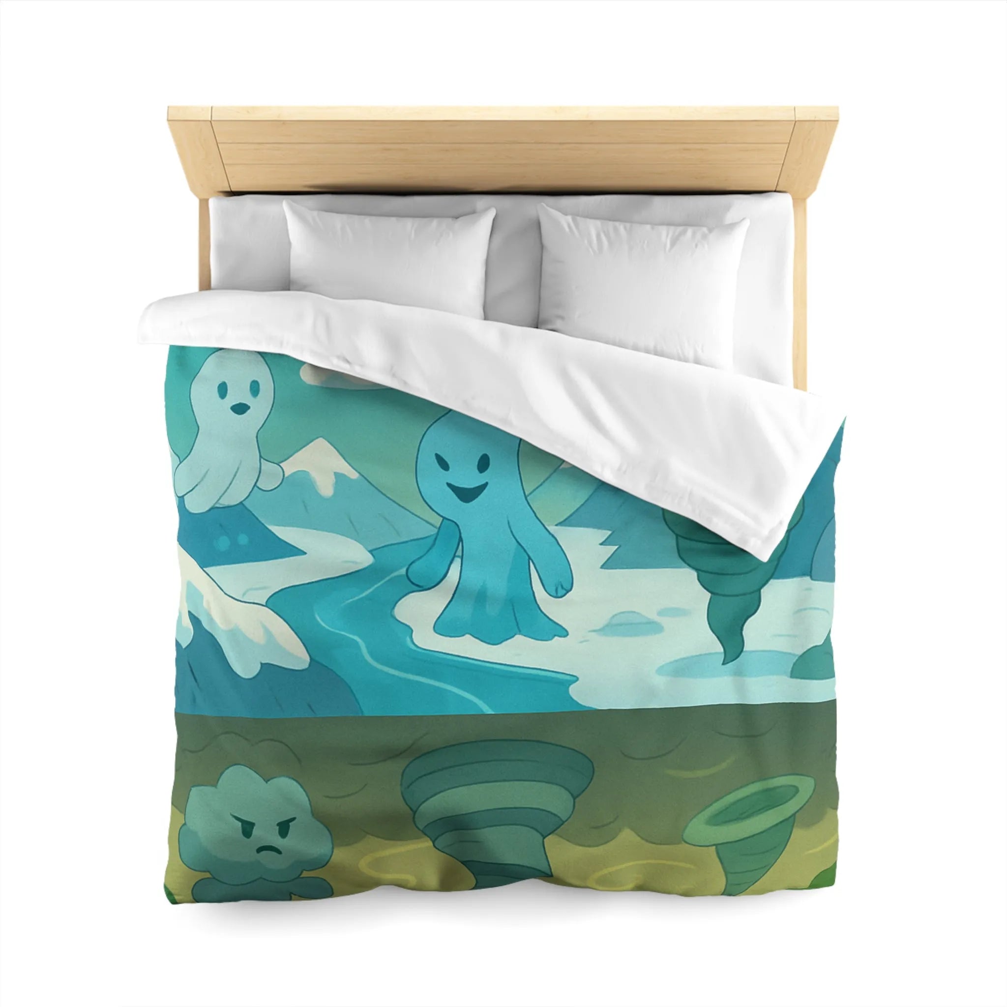 Housse de couette illustrant esprits élémentaires dans des paysages fantastiques vibrants et colorés