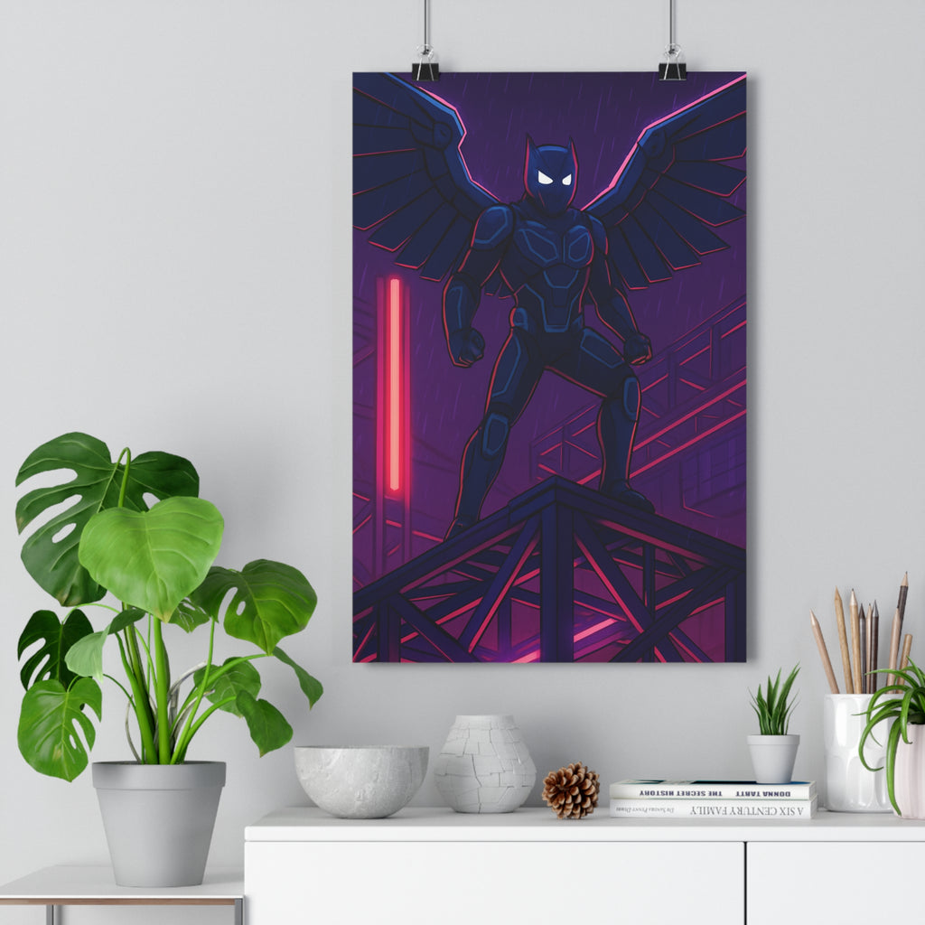 Poster décoratif personnage sombre cyberpunk bleu violet mystérieux futuriste bureau anime format 30x46 ambiance