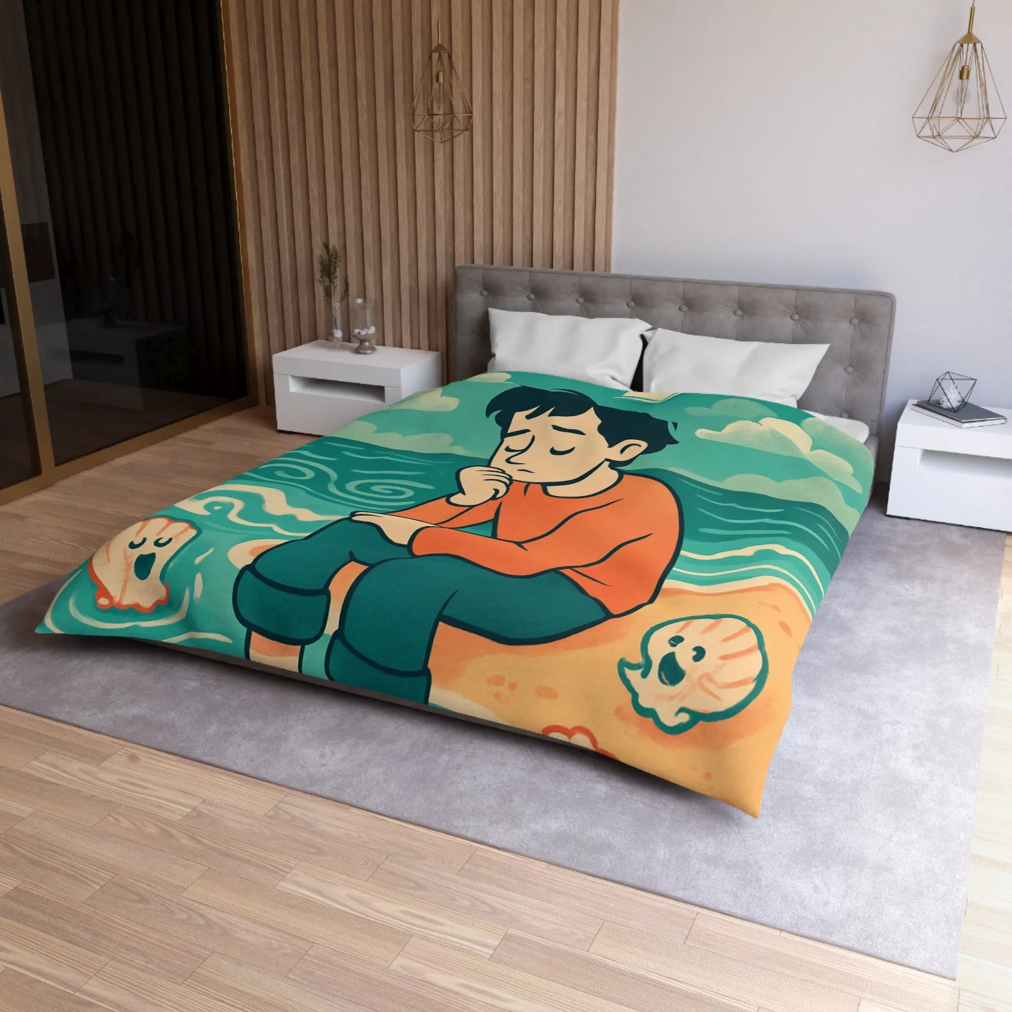 Housse de couette avec illustration rêveuse garçon pensif et coquillages joyeux sur plage