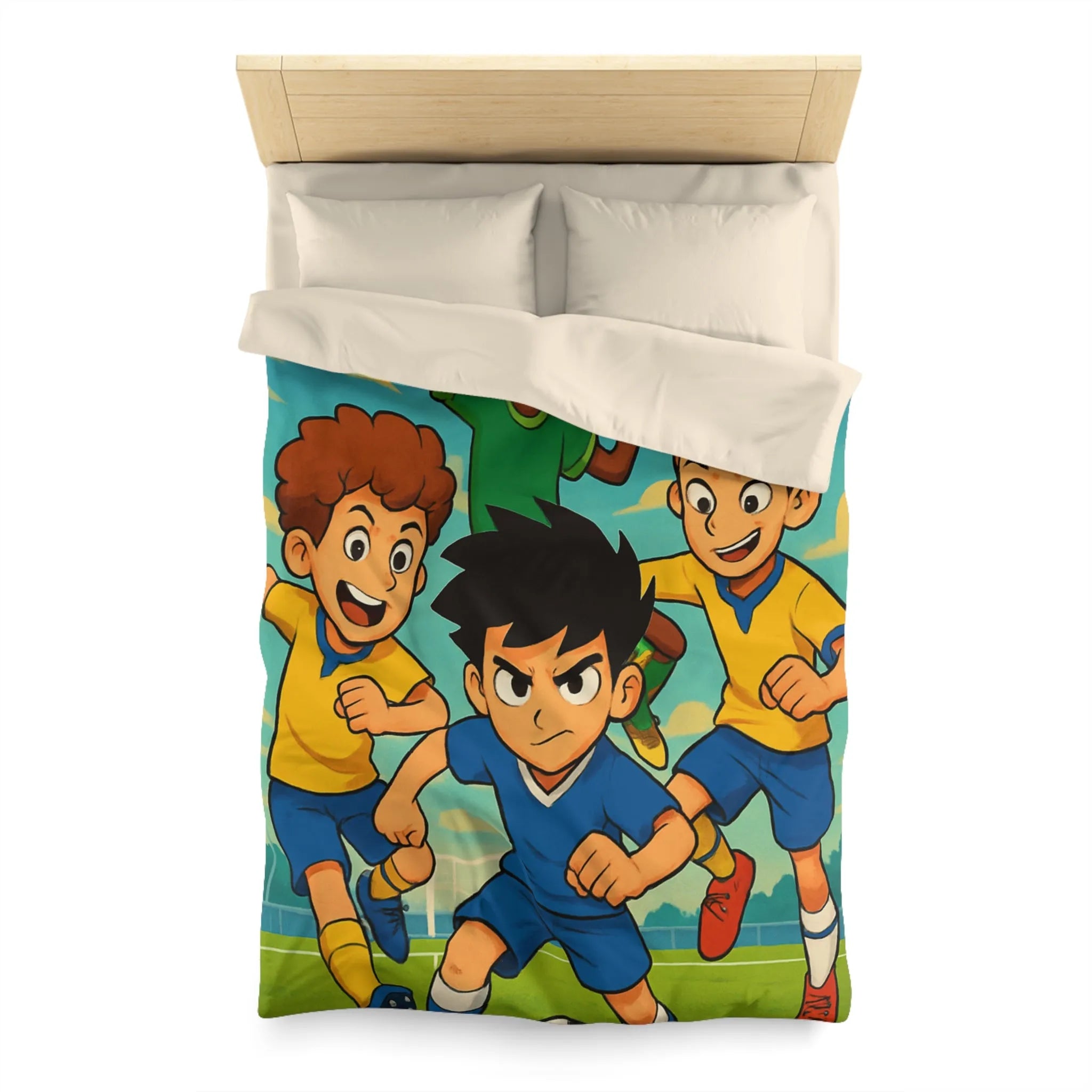 Housse de couette football enthousiaste pour enfants avec joueurs en action et ciel bleu