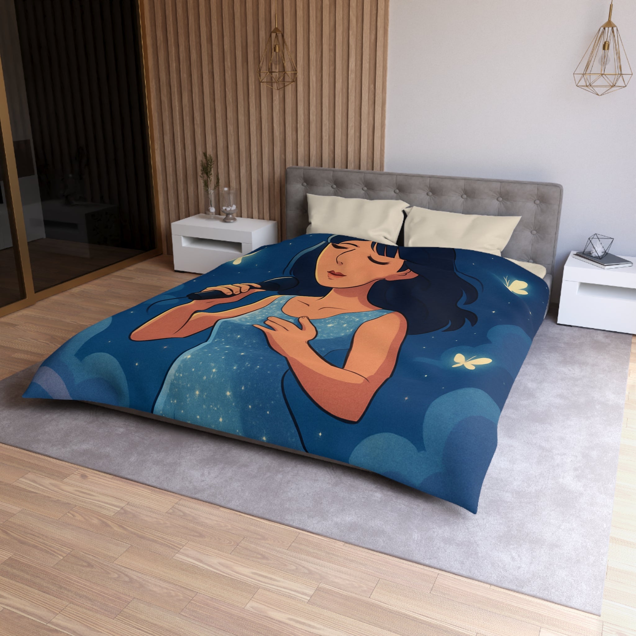 Housse de couette rêveuse avec chanteuse, papillons, lune et ciel étoilé bleu