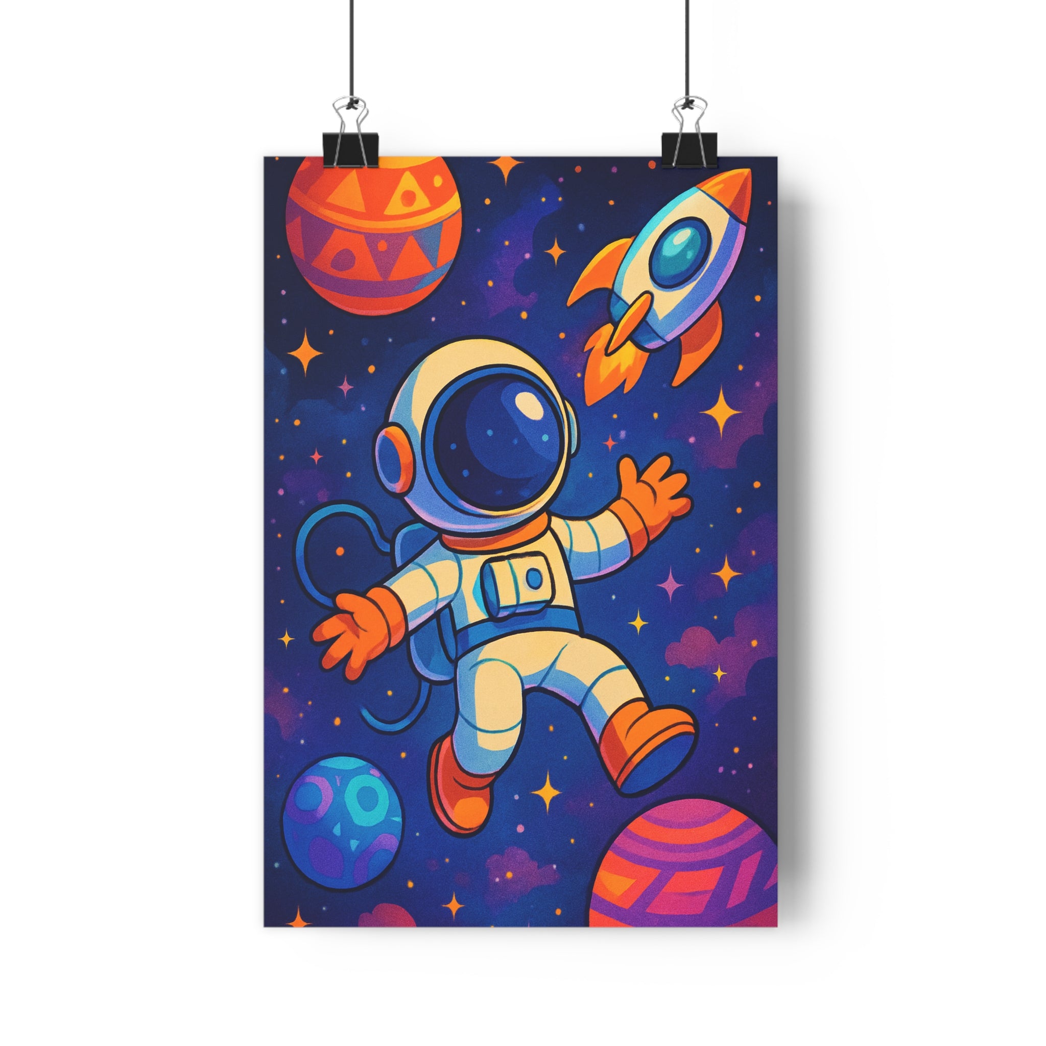 Poster décoratif astronaute orange blanc cartoon espace enfant aventure chambre magique futuriste étoilé vibrant