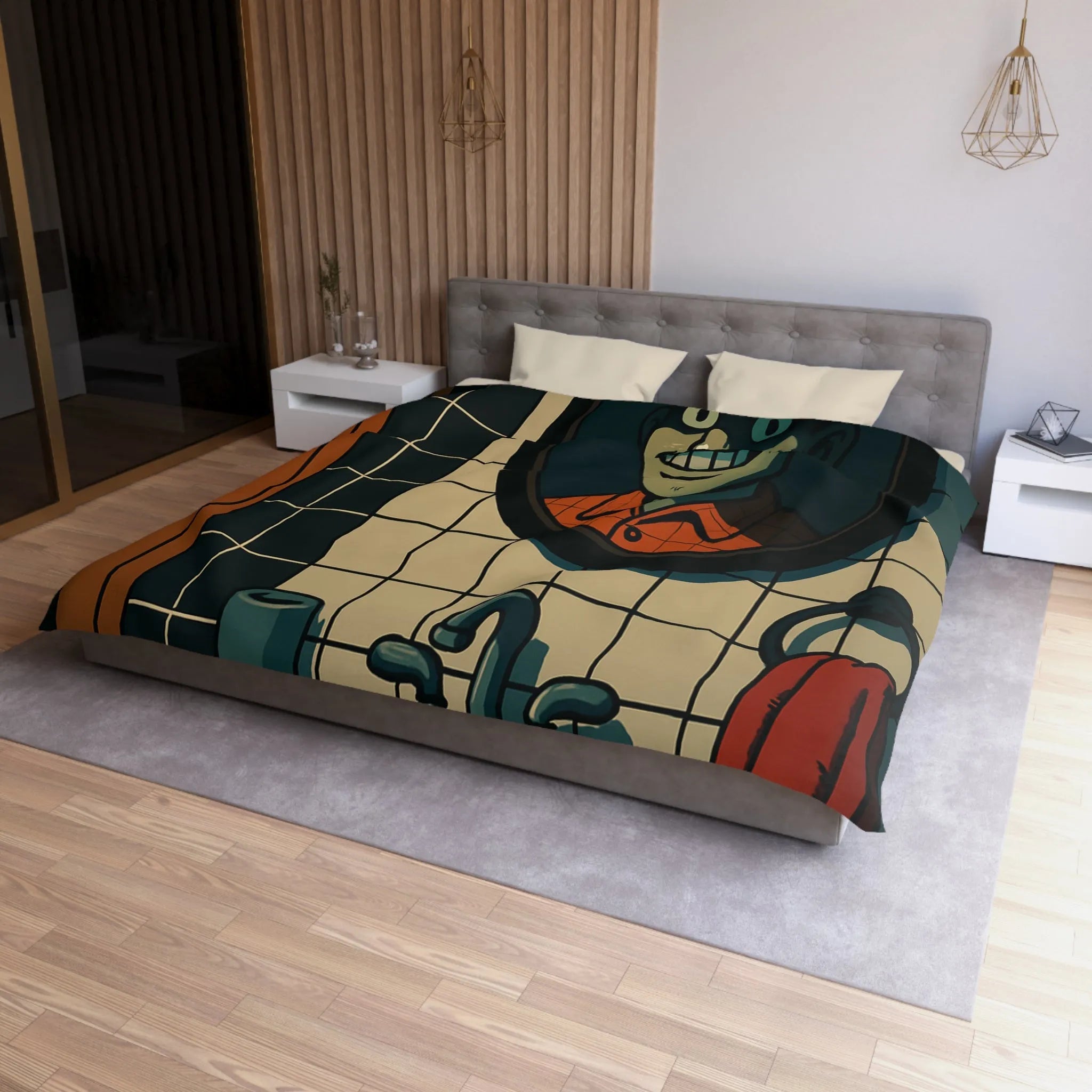 Housse de couette graphique avec dessin animé miroir effrayant et carreaux de salle de bain