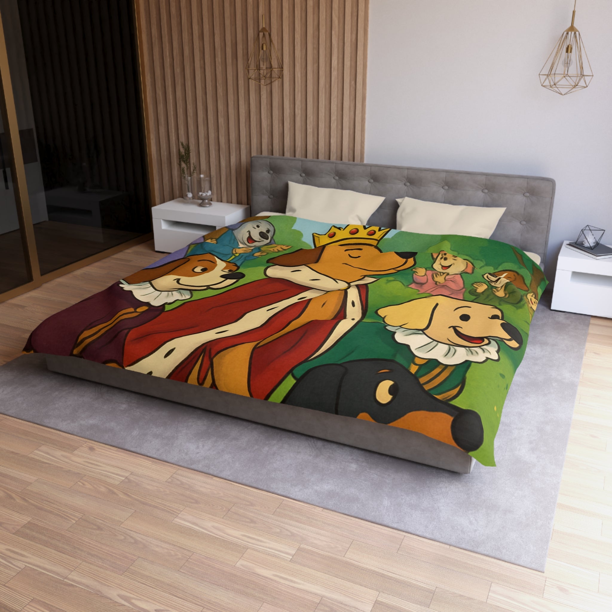 Housse De Couette Pour Enfants Avec Chiens Royaux En Promenade Dans La Forêt Magique