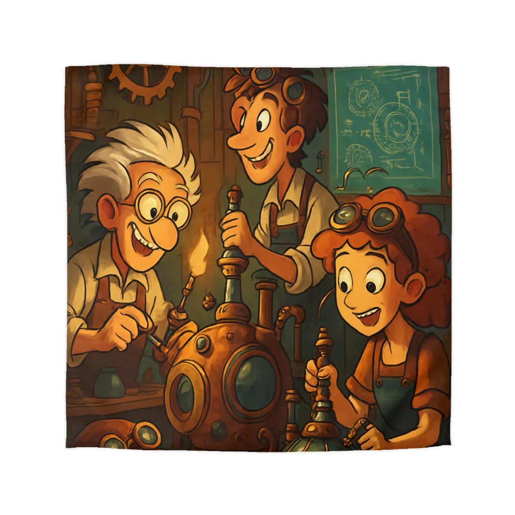 Housse de couette illustrée steampunk avec personnages inventeurs et machines dans atelier