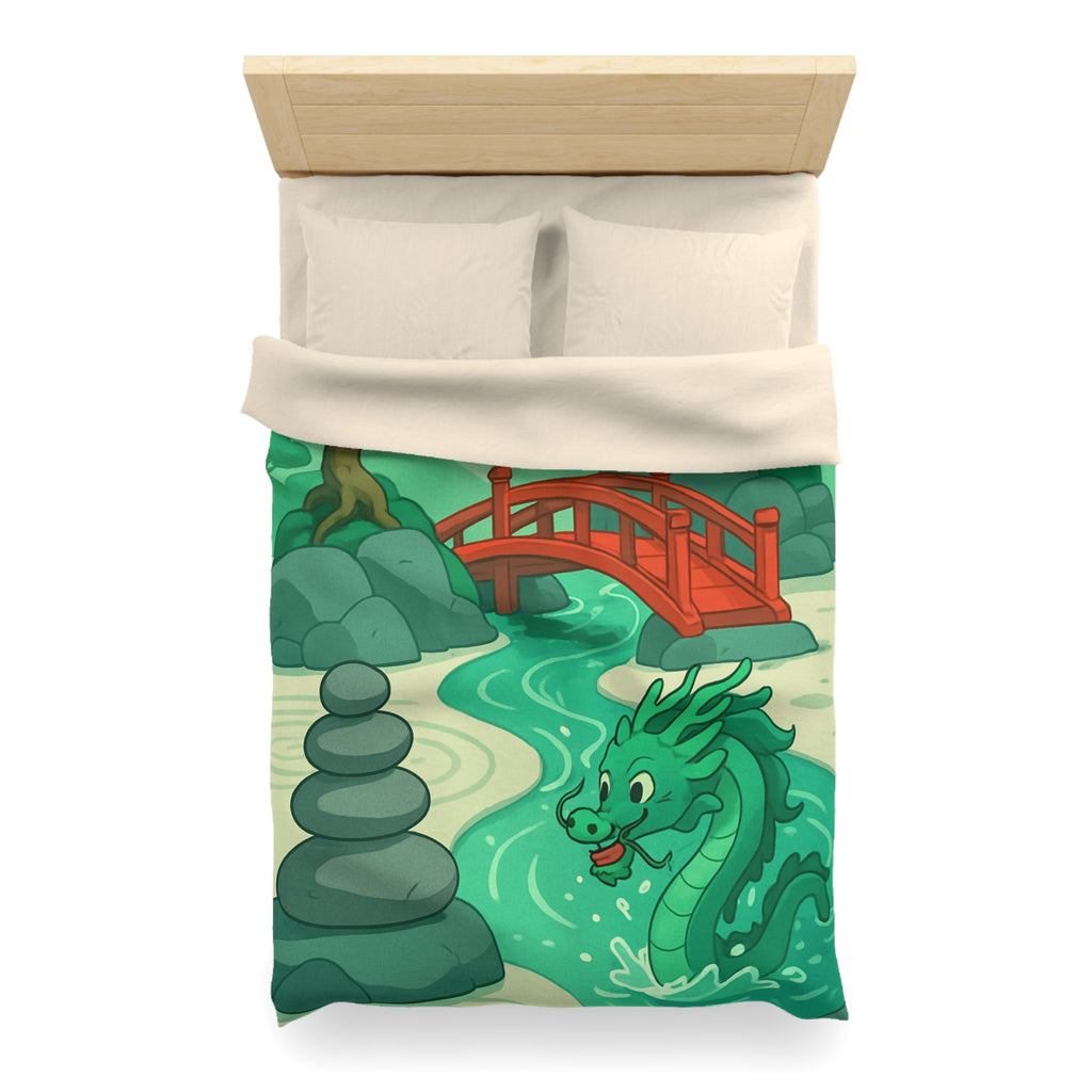 Magnifique housse de couette dragon vert dans jardin zen avec pont rouge