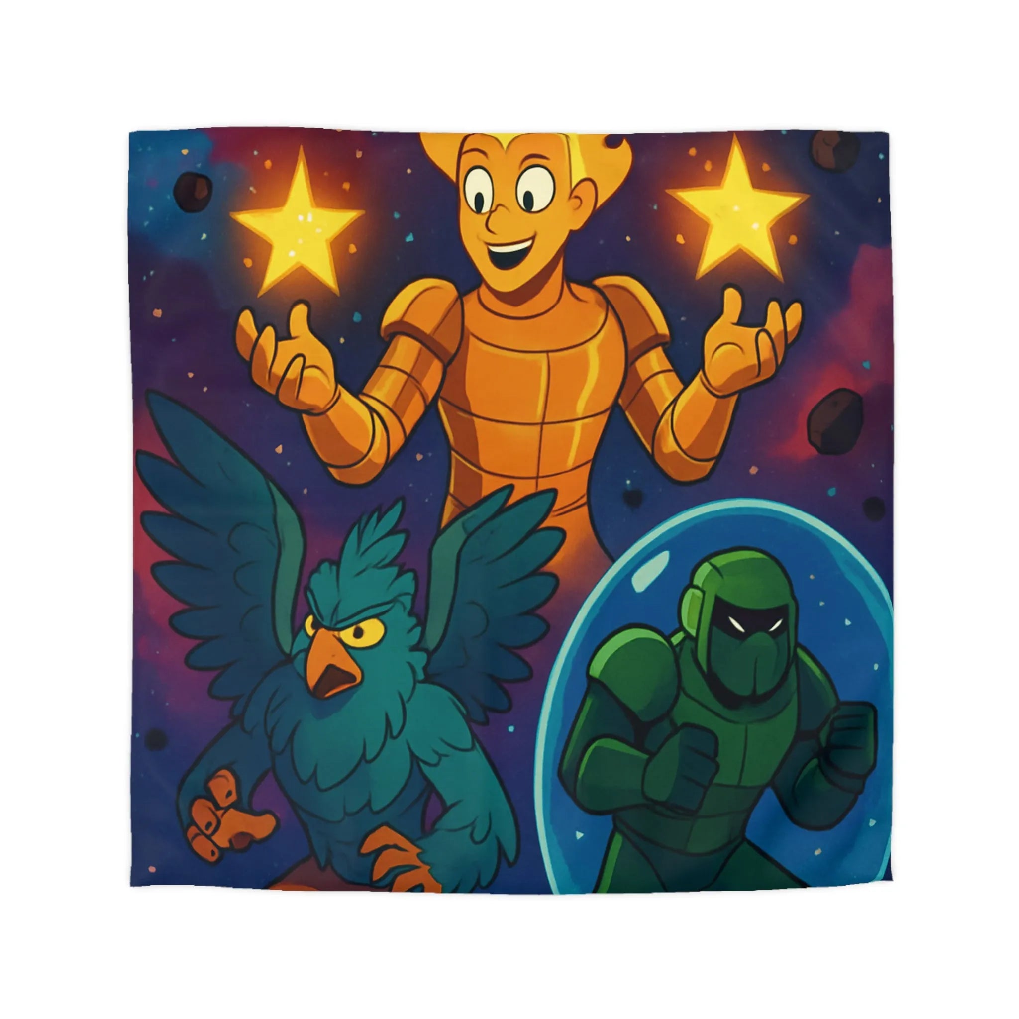 Housse de couette colorée avec personnages fantastiques: héros flamboyant, créature ailée, soldat galactique