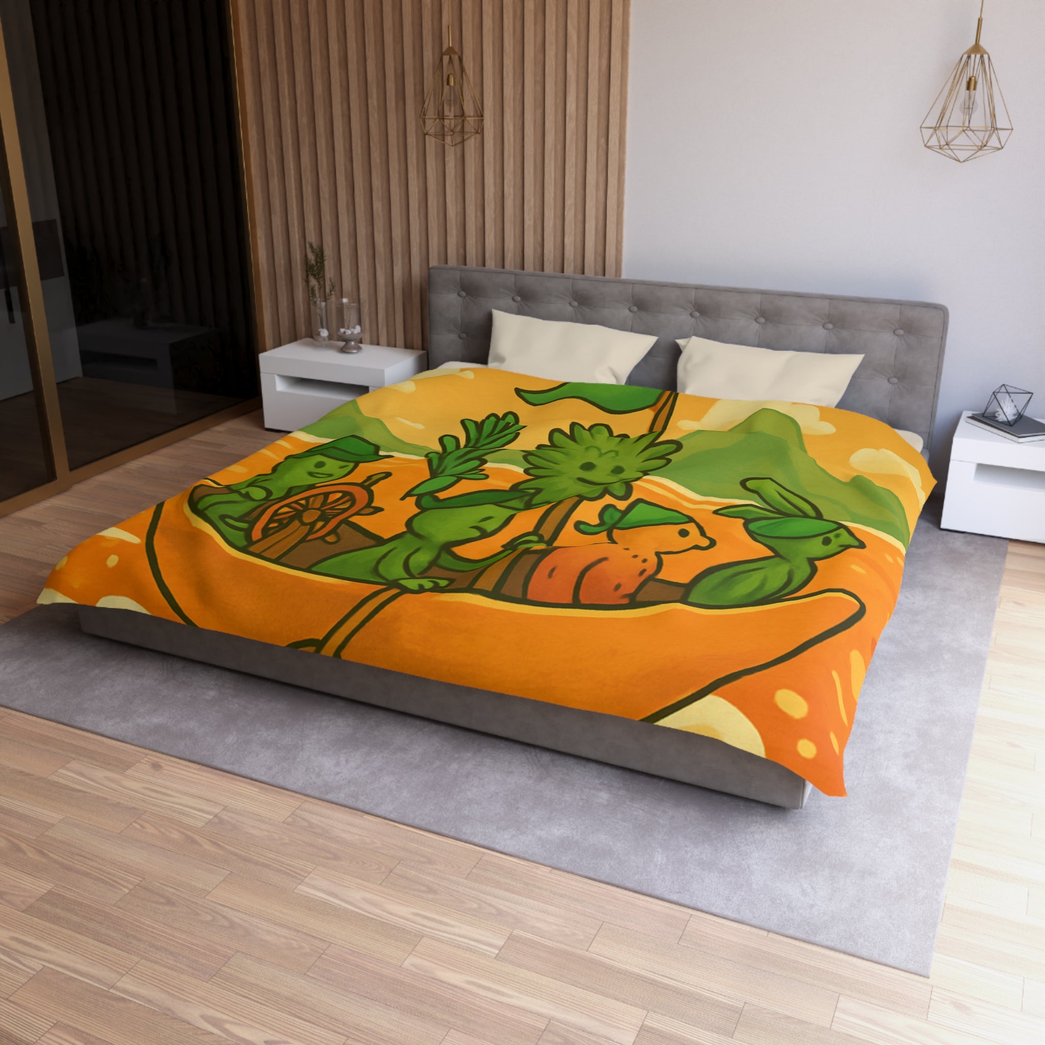 Housse de couette originale avec personnages verts naviguant sur mer orangée ludique