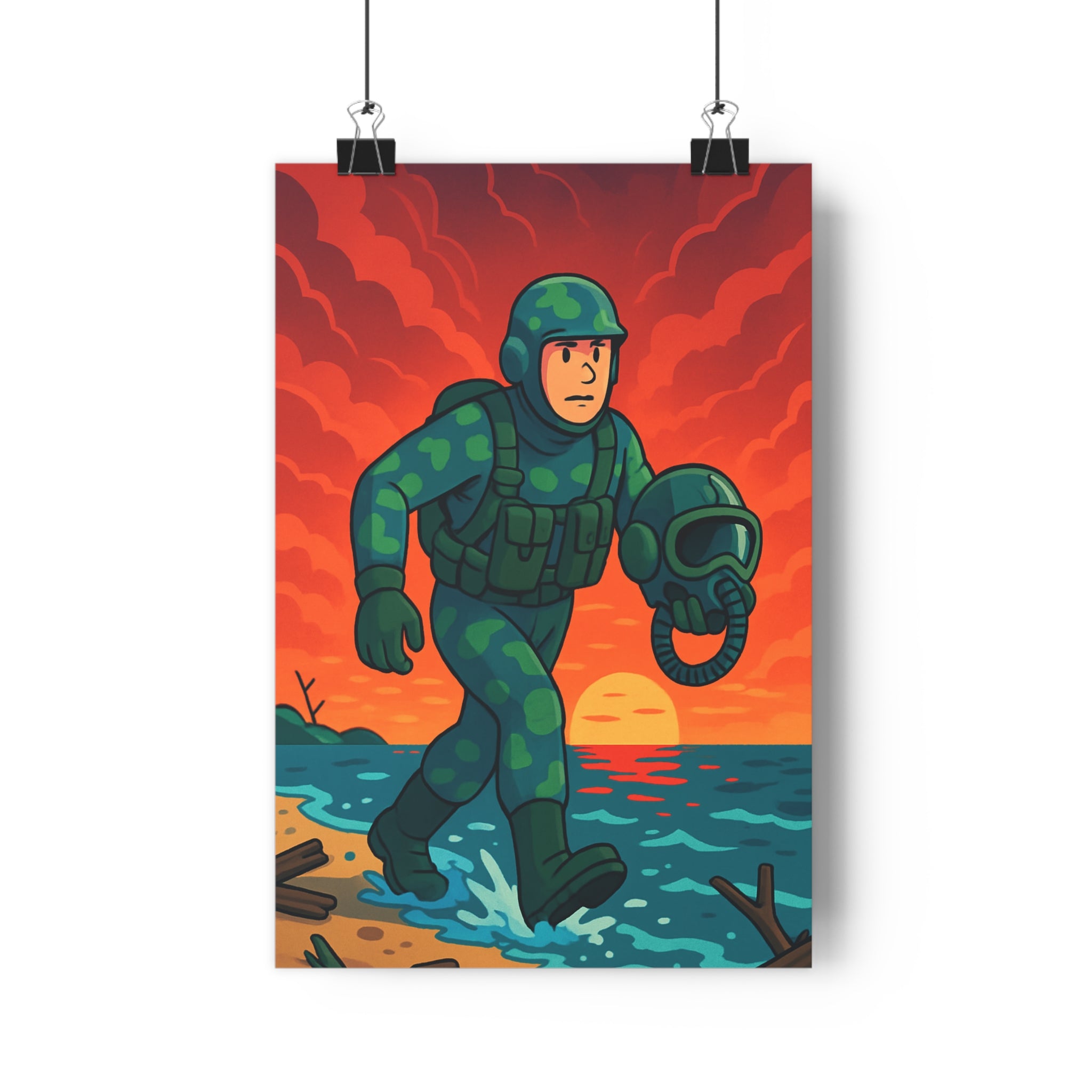 Poster décoratif coucher soleil rouge orange intense soldat moderne salon bureau ambiance murale tableau
