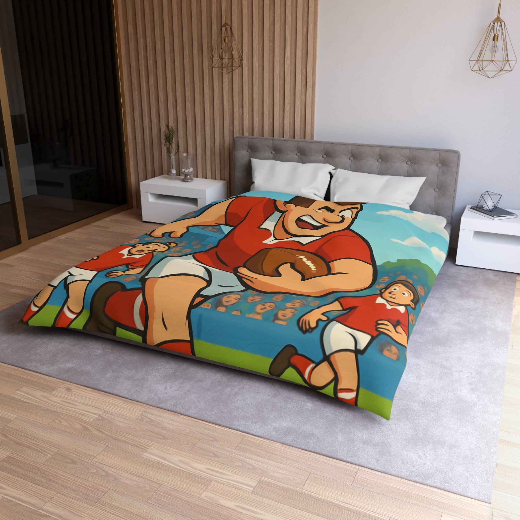 Housse de couette rugby dynamique en rouge et blanc pour chambre d'enfant sportive