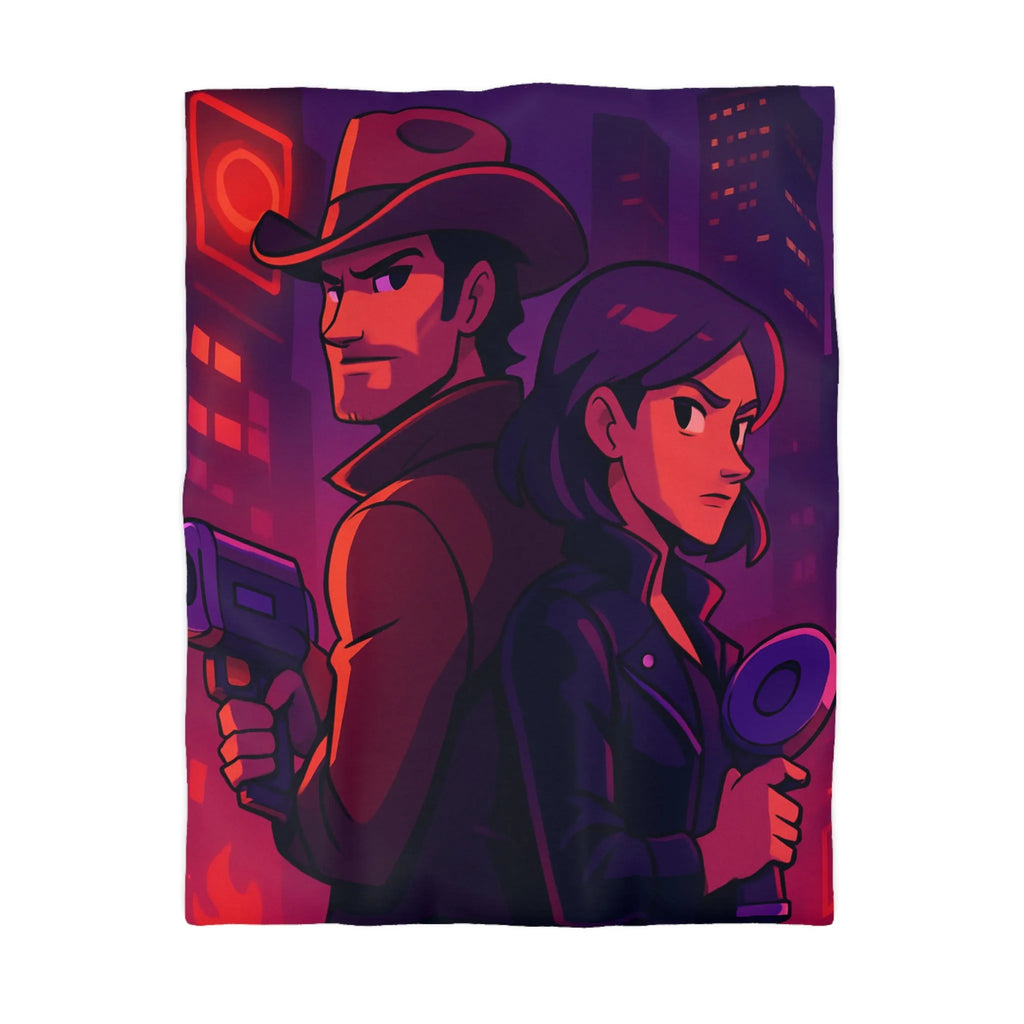 Housse de couette aventure urbaine avec duo de détectives dans néons lumineux
