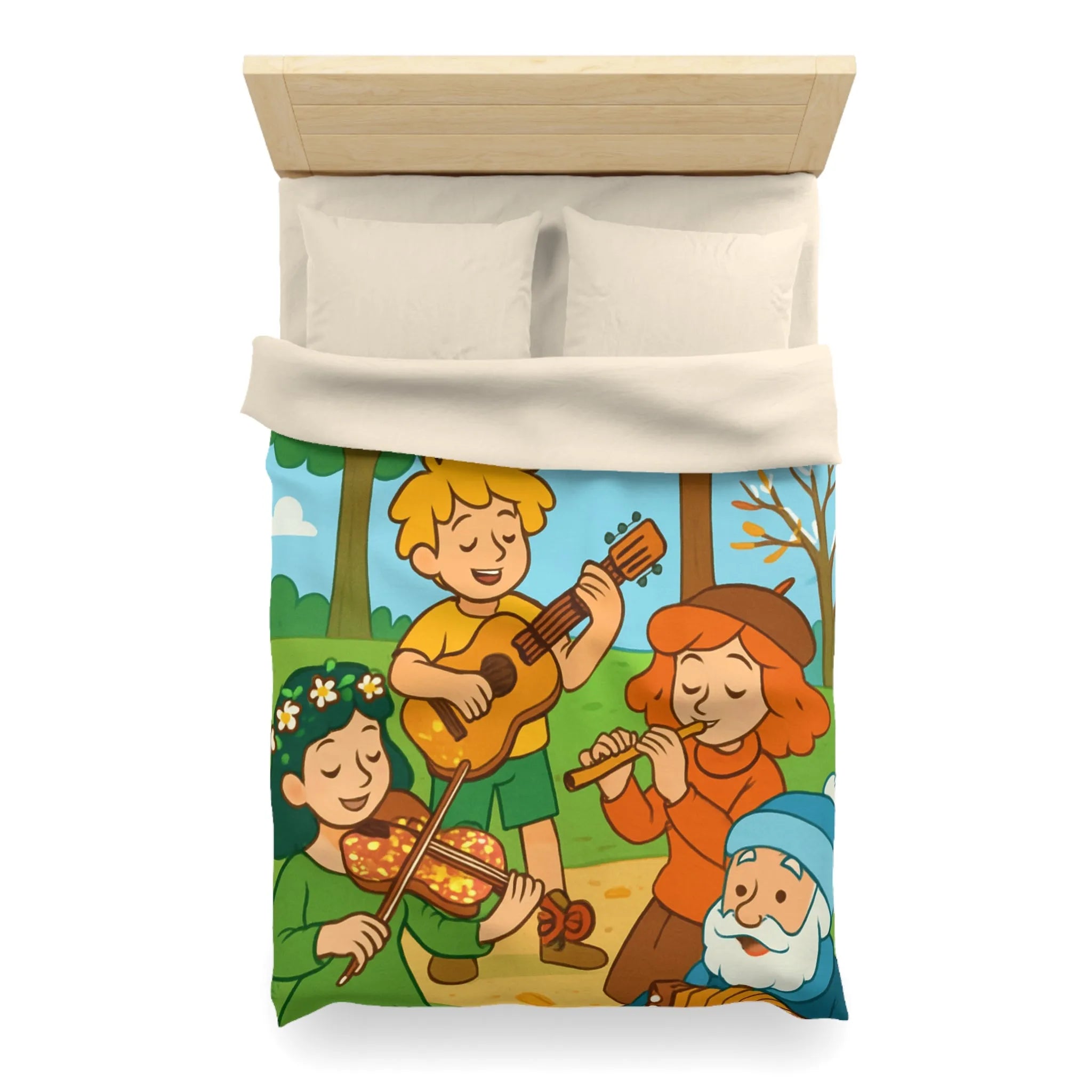 Housse de couette colorée avec enfants jouant de la musique en forêt automnale