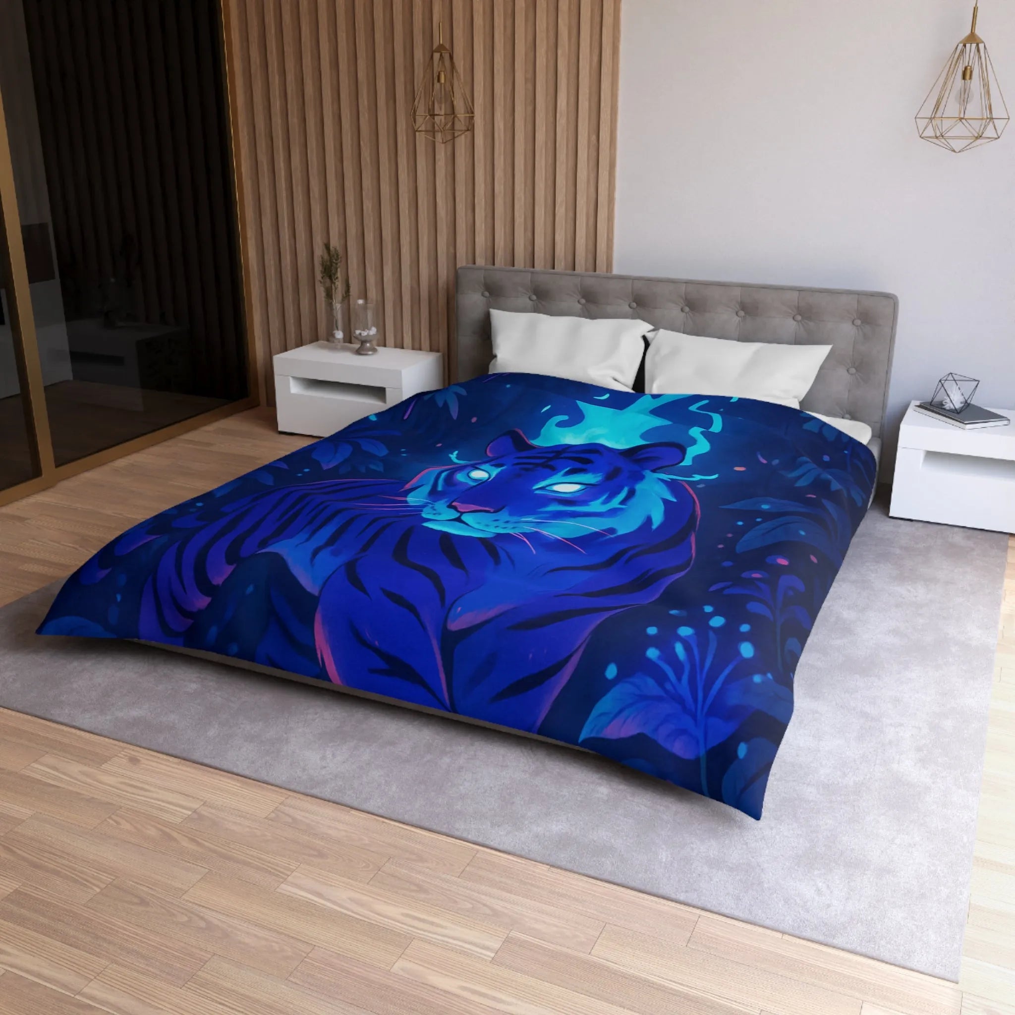Housse De Couette Fantastique Tigre Bleu Azur Ambiance Nocturne Magique et Envoûtante