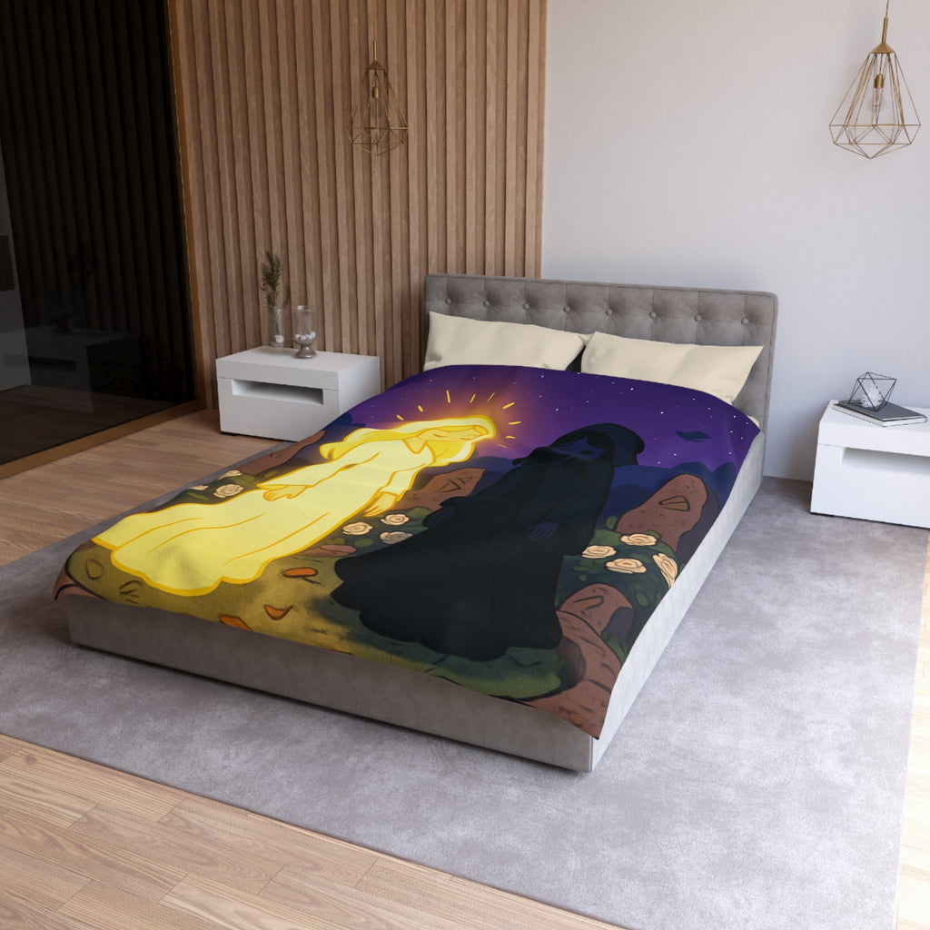 Housse de couette réversible avec deux figures mystérieuses en contraste lumineux, nature étoilée