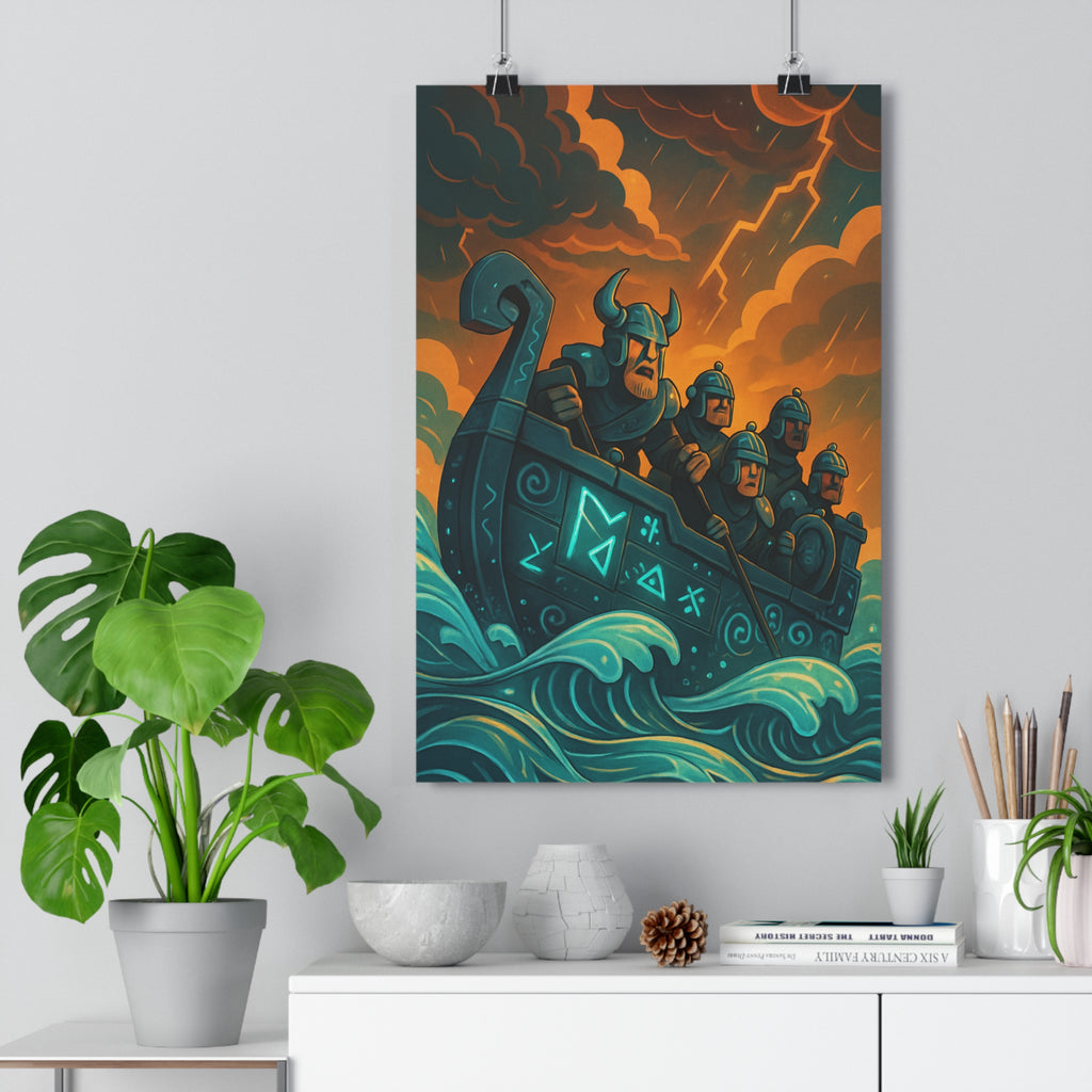 Poster décoratif cartoon bleu vert orange aventure épique chambre salon 30x46 guerriers navire viking