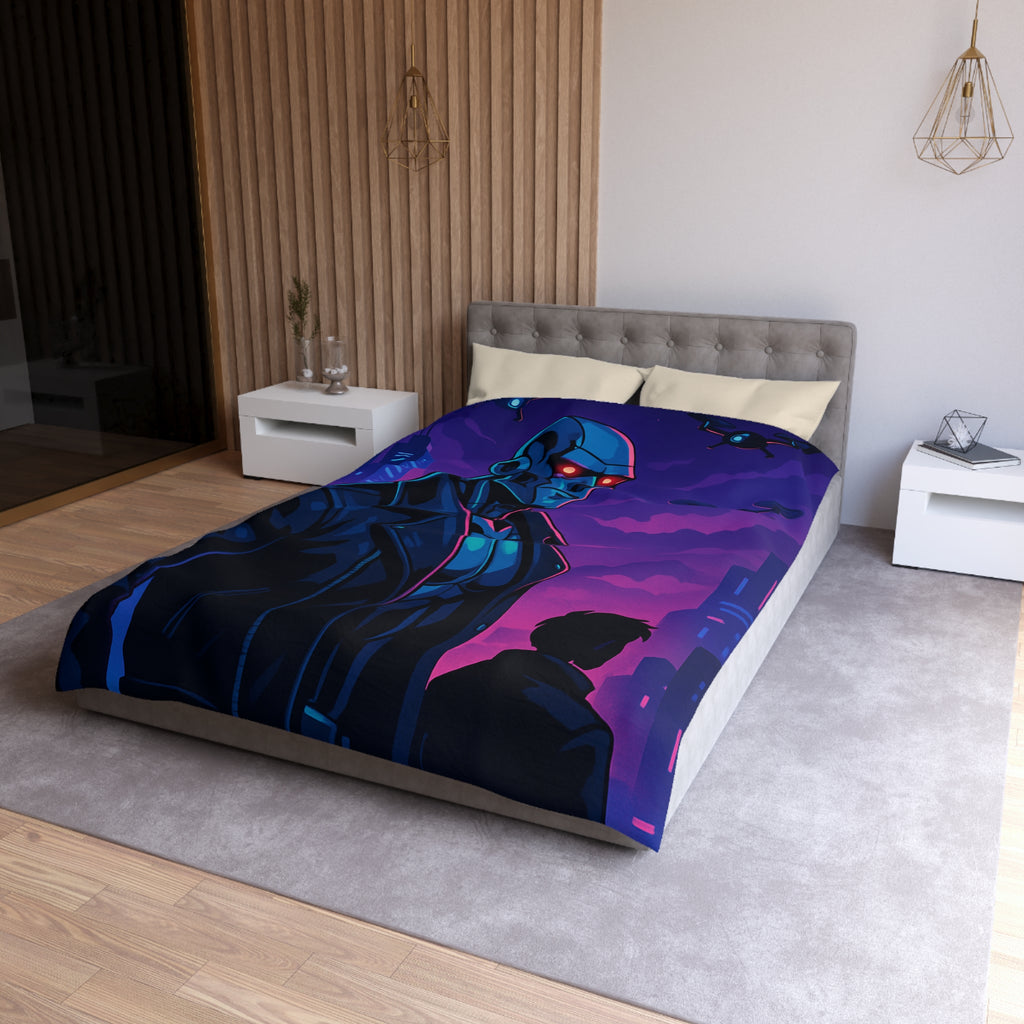 Housse de couette style néon avec robot futuriste et drones en ville de nuit