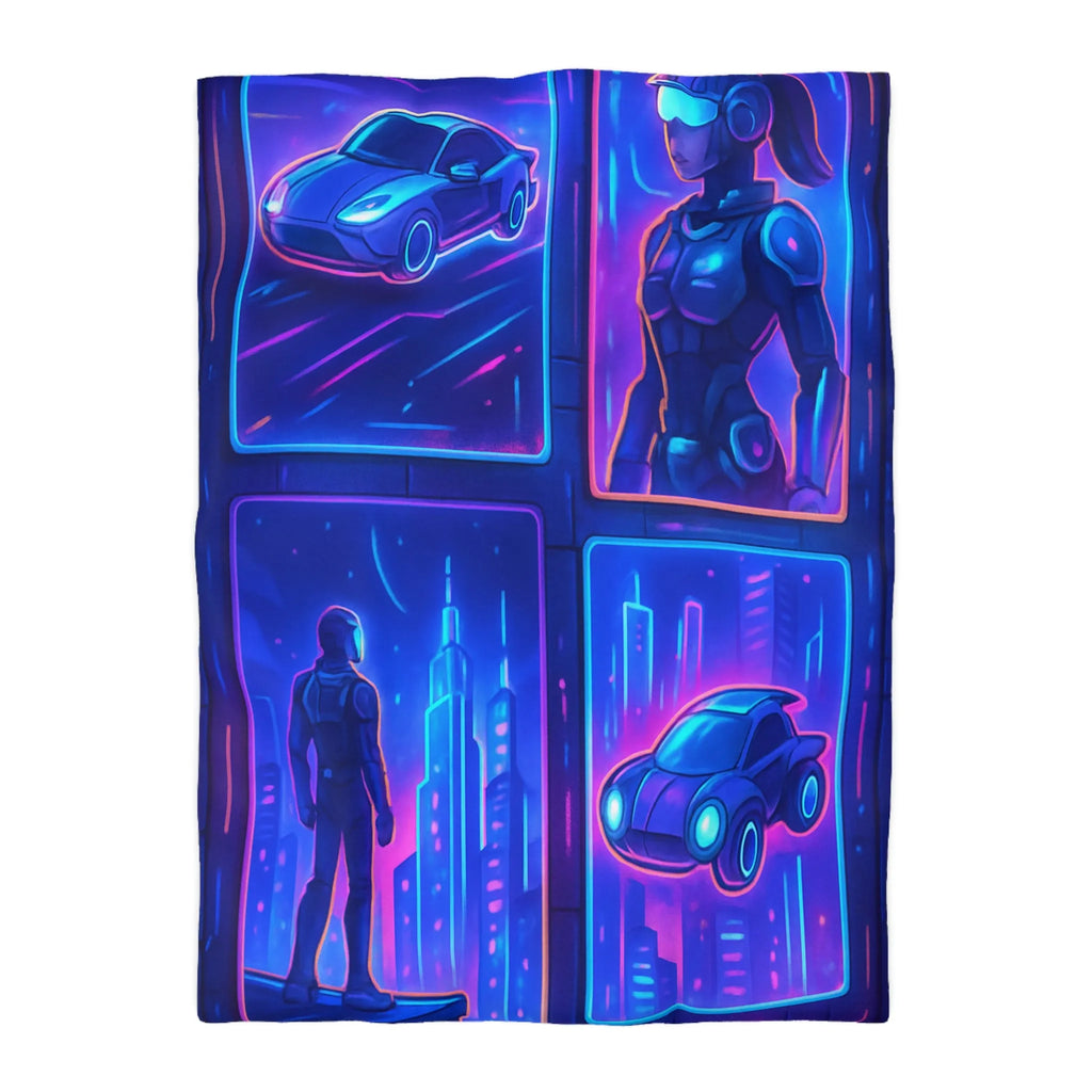 Couverture Futuriste Bleu Néon avec Silhouettes Humaines et Voitures Volantes Modernes
