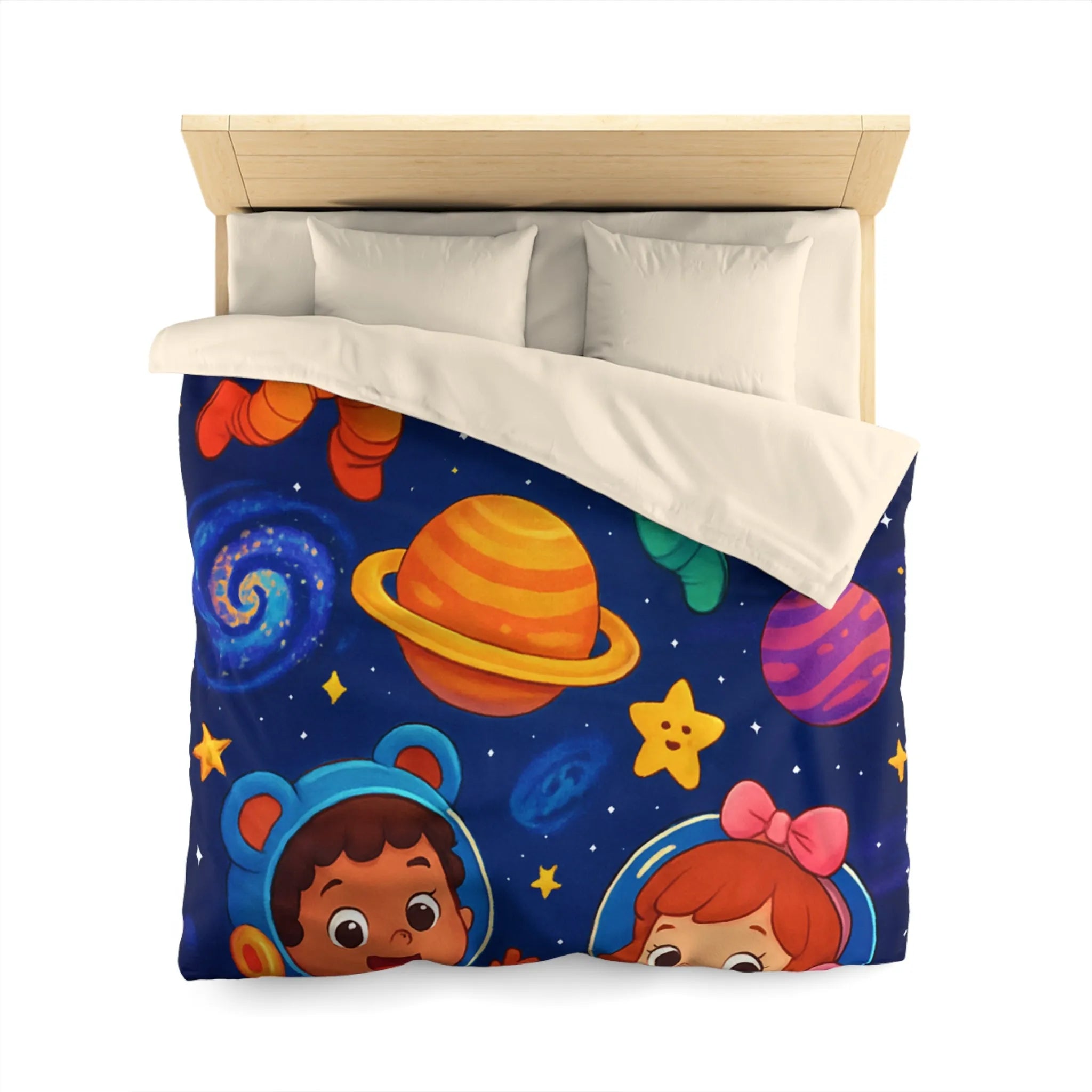 Housse de Couette Enfant : Aventure Cosmique avec Astronautes et Étoiles Colorées Stylisées