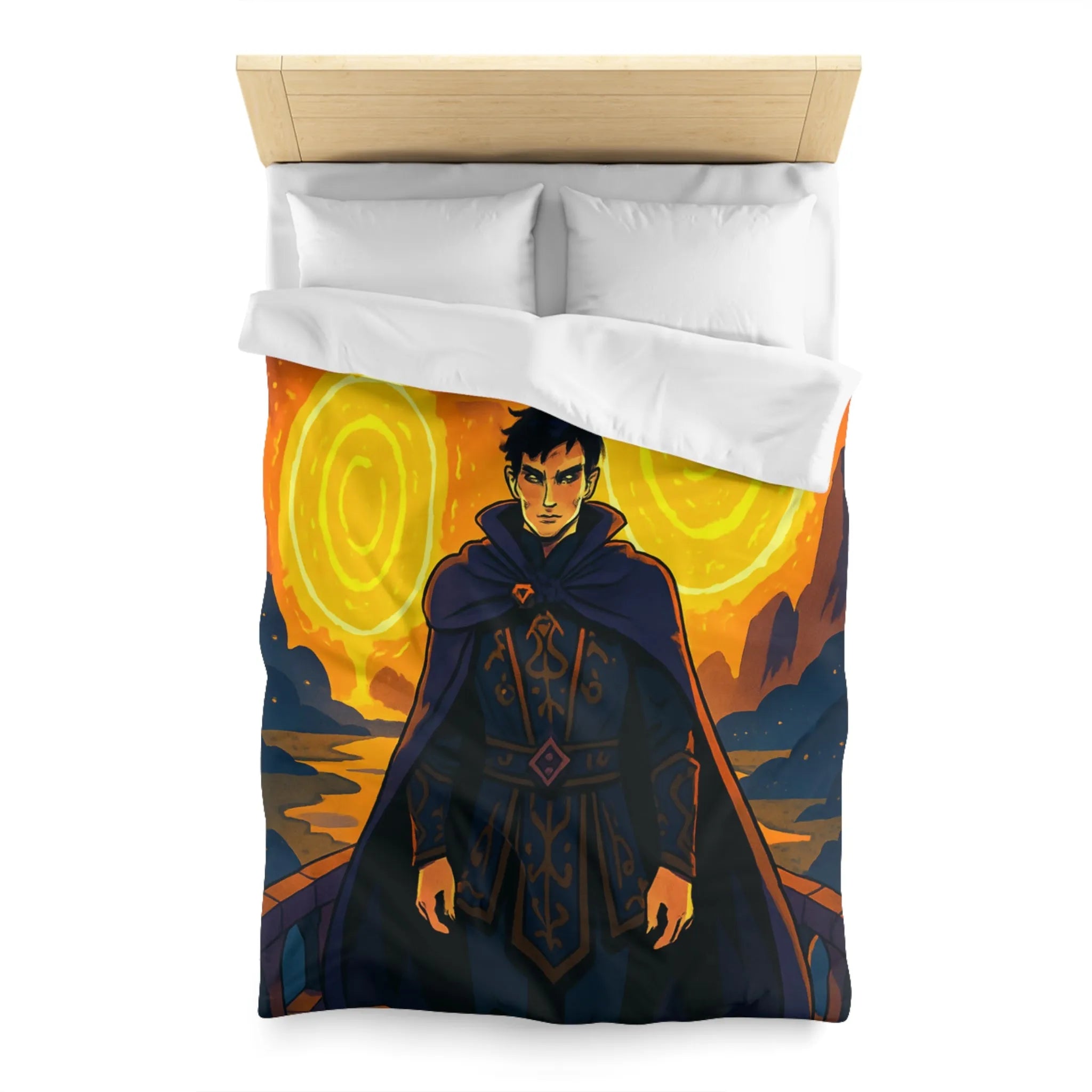 Housse de couette fantastique avec sorcier et portails lumineux dans paysage nocturne magique