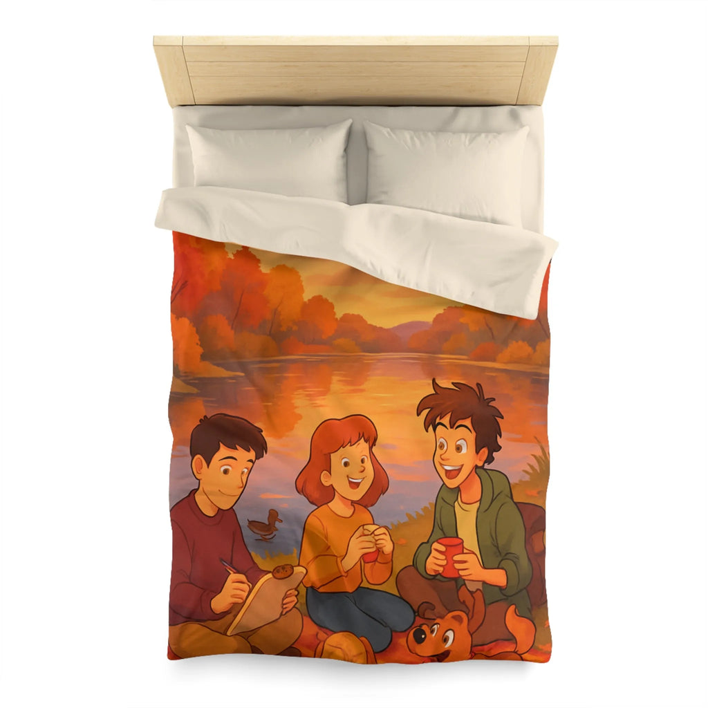 Housse de couette illustrée avec scène automnale de pique-nique au bord d'un lac