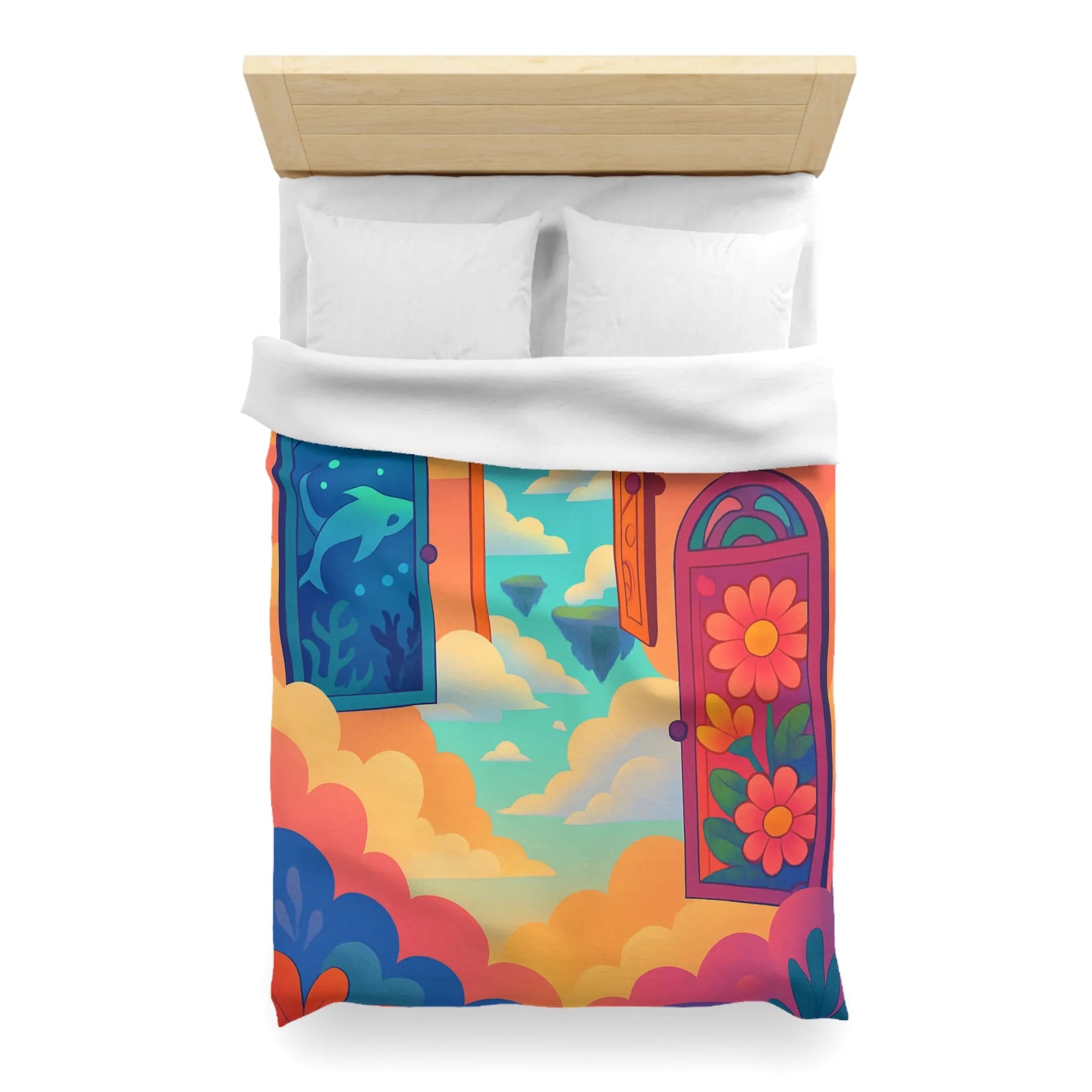 Housse de couette colorée avec trois portes magiques et paysages oniriques enchanteurs