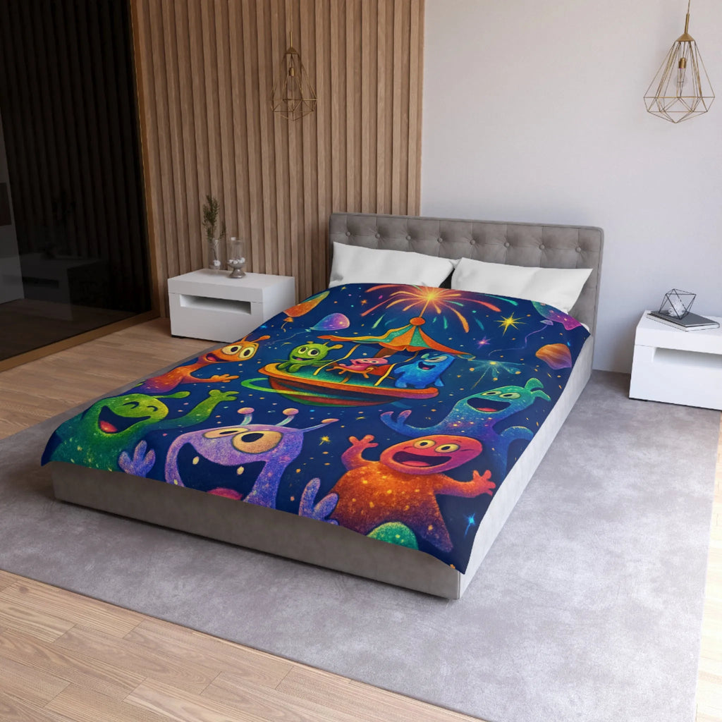 Housse de couette aux créatures extraterrestres colorées sous feux d'artifice et ballons colorés