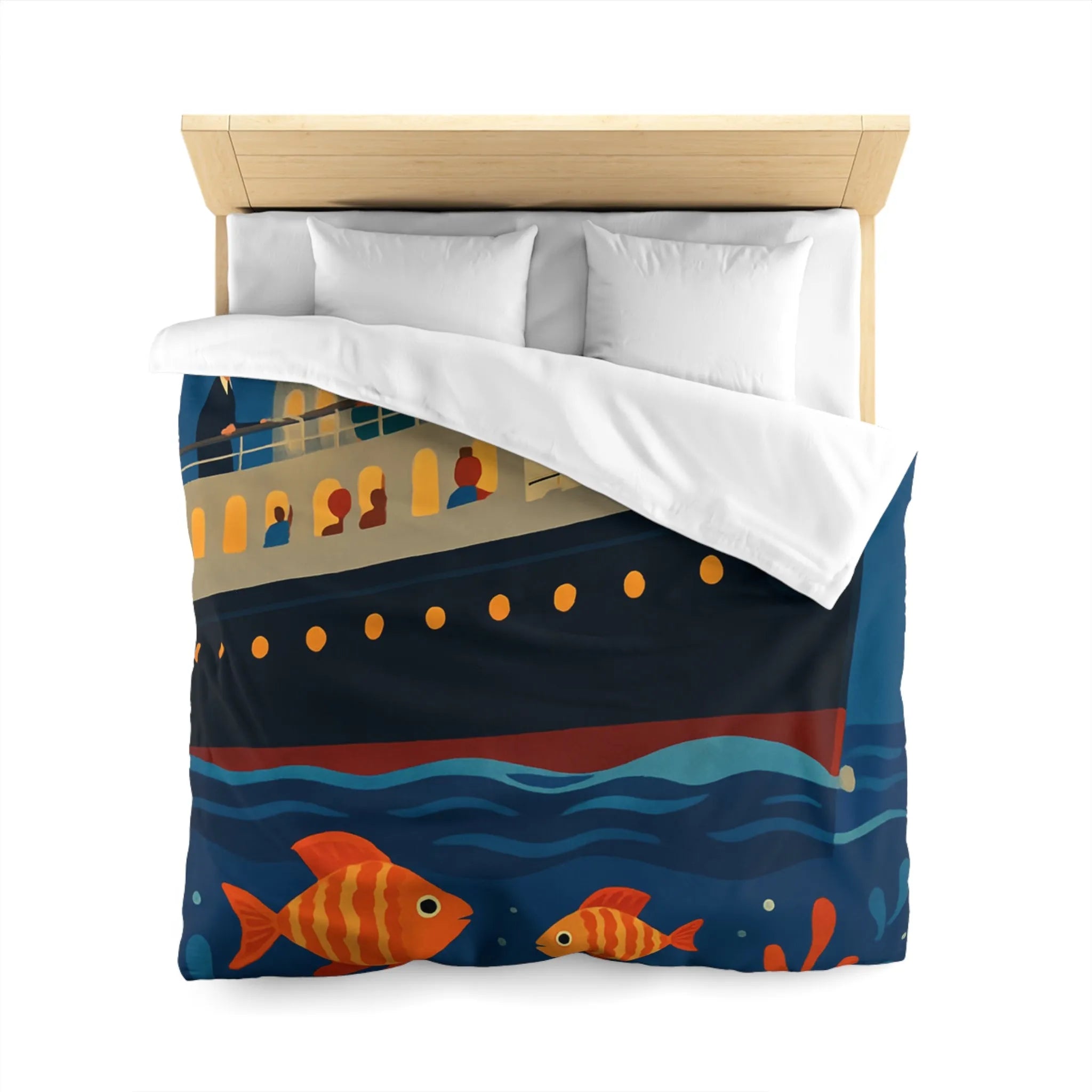 Housse de couette bateau rétro, poissons colorés, ambiance marine, nuit étoilée