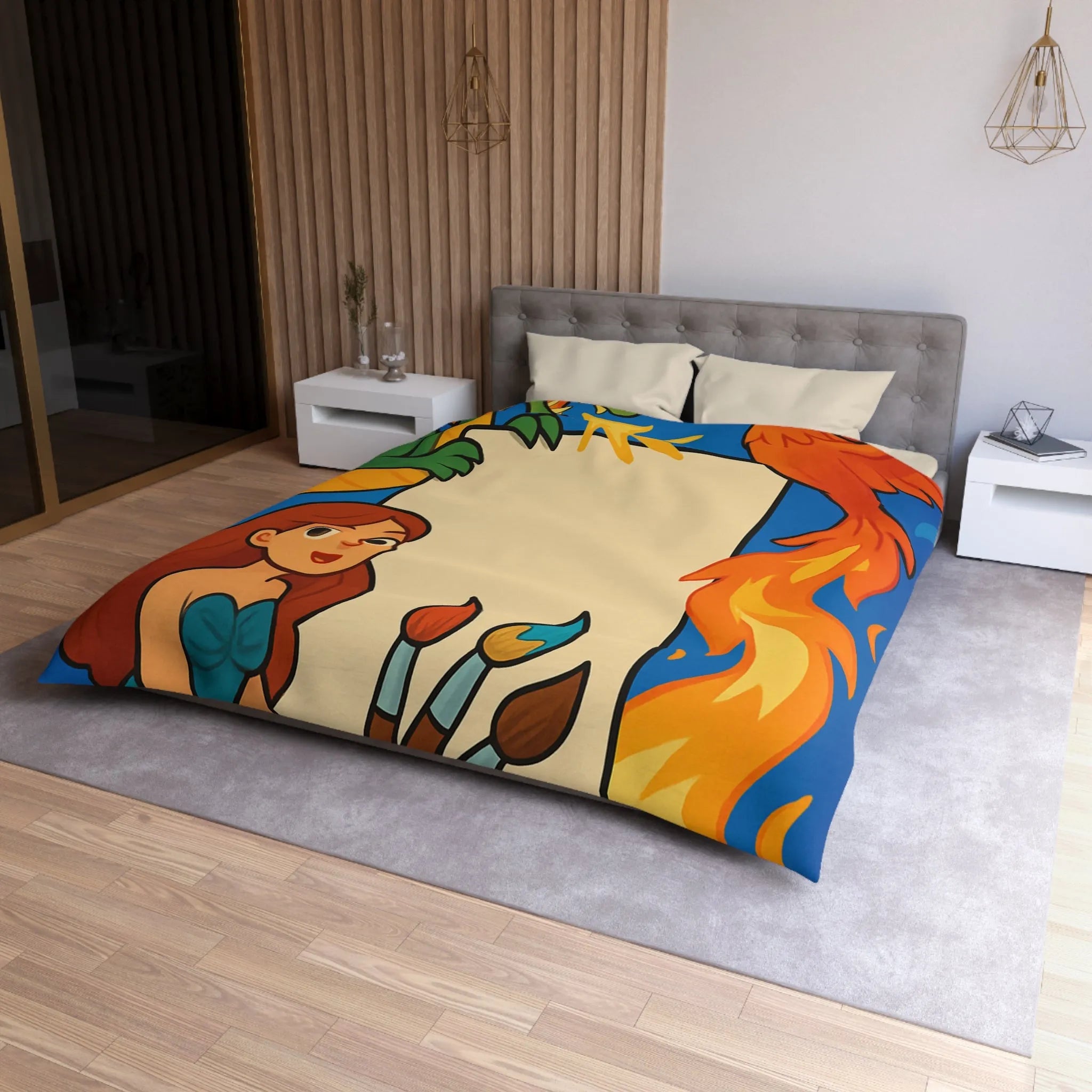 Housse de couette avec dragon, sirène et phénix pour chambre d'enfant artistique