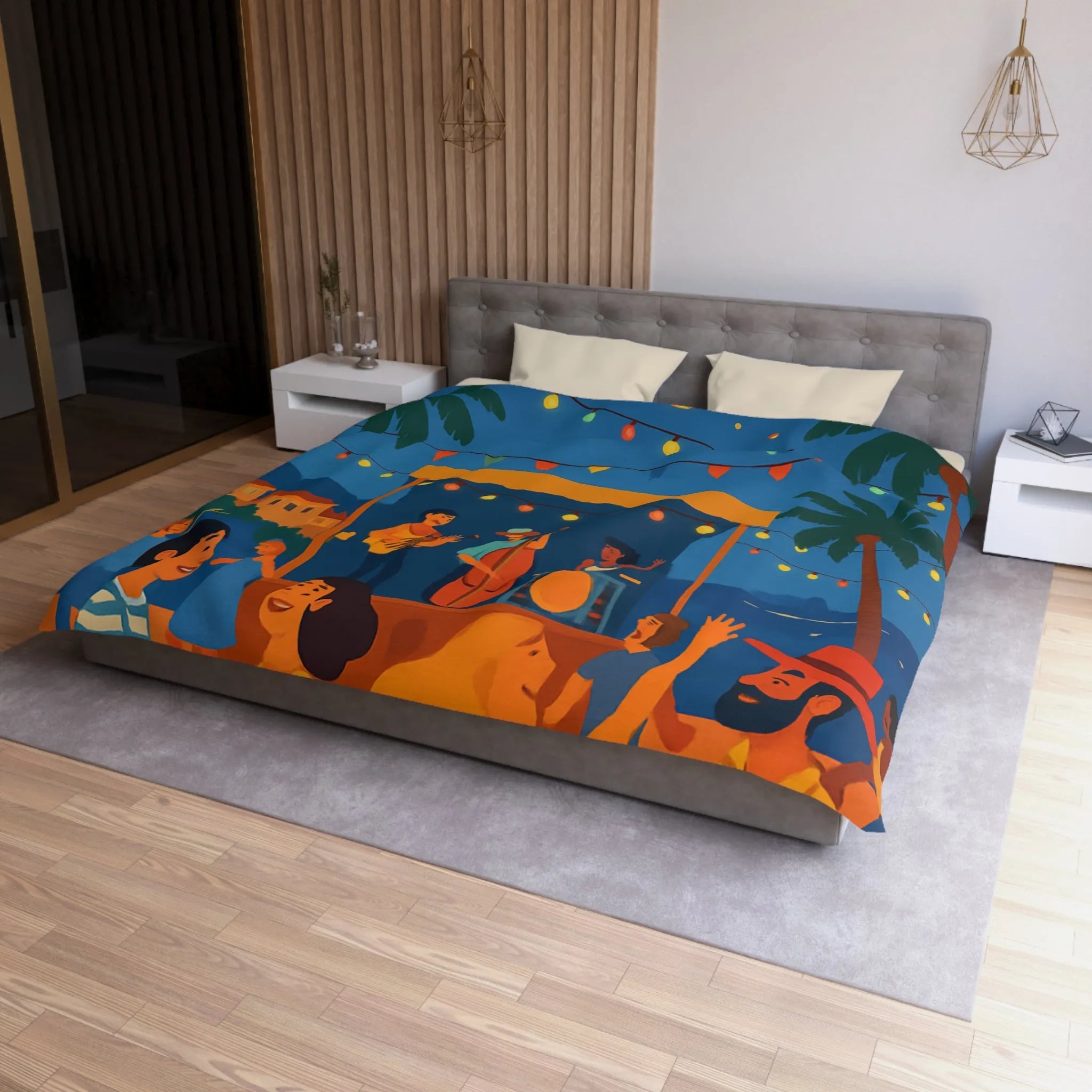 Housse de couette estivale scène festivale tropicale avec danseurs et lanternes lumineuses