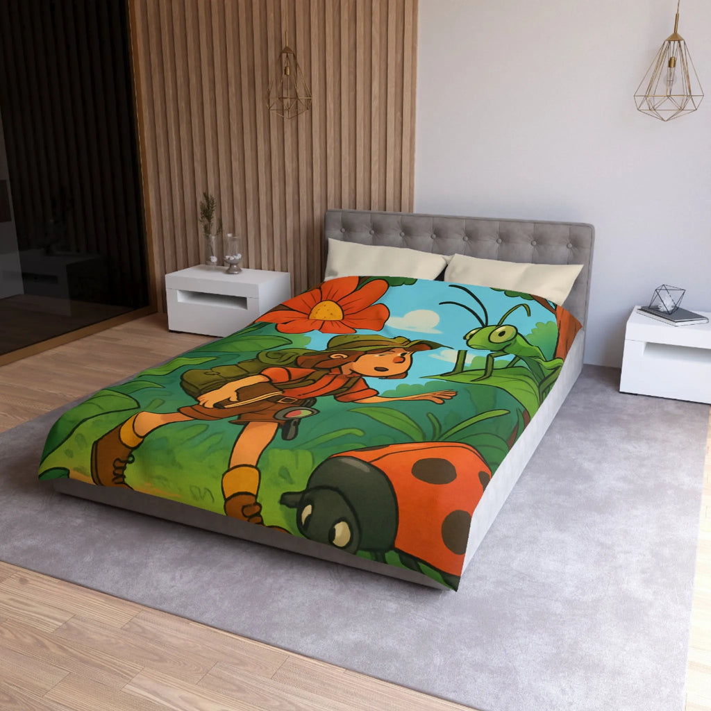 Housse de Couette Enfant Nature avec Exploratrice et Insectes Géants pour Aventure Ludiquement Colorée