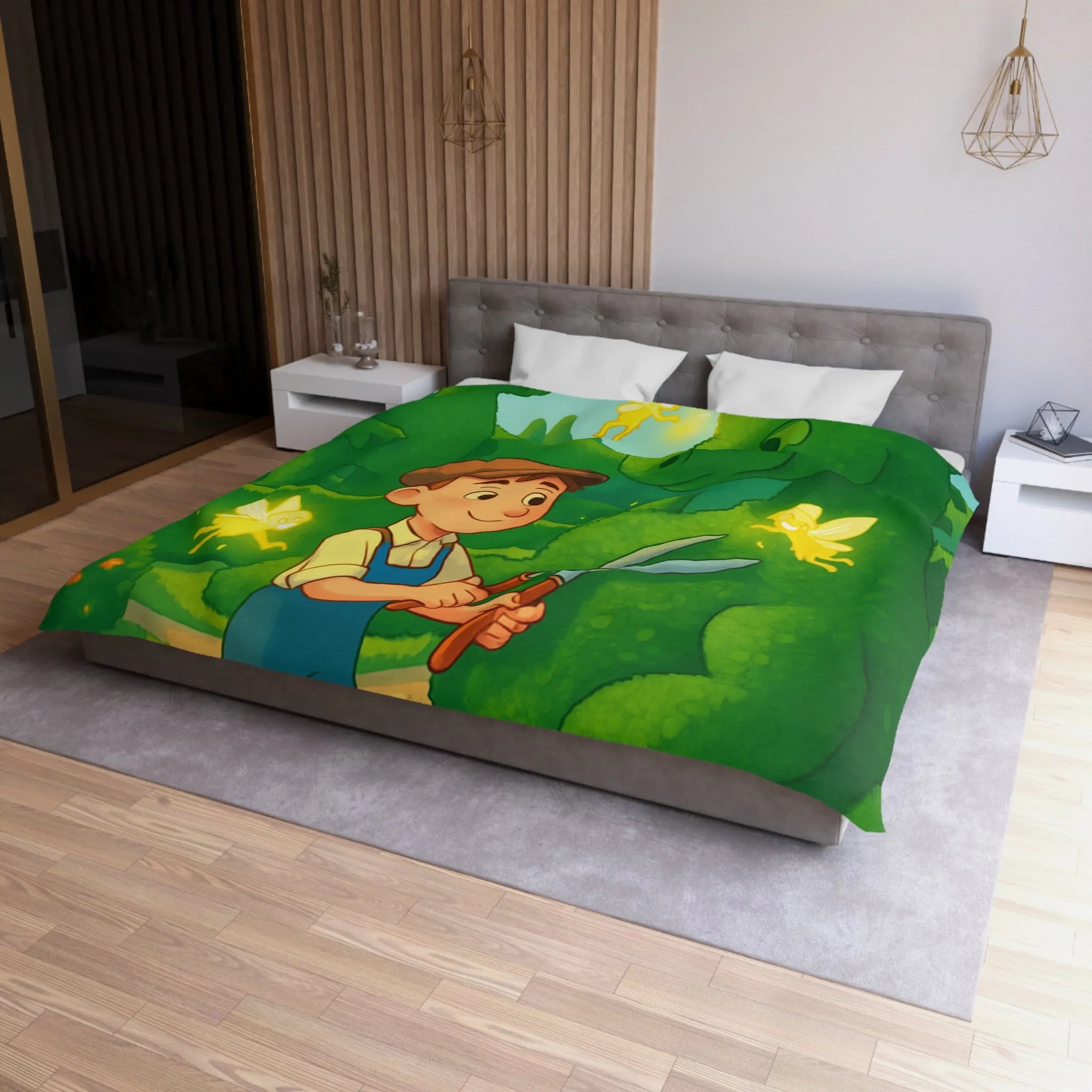 Housse de couette enfant dragon féérique avec jardin, verdure et ambiance magique naturelle
