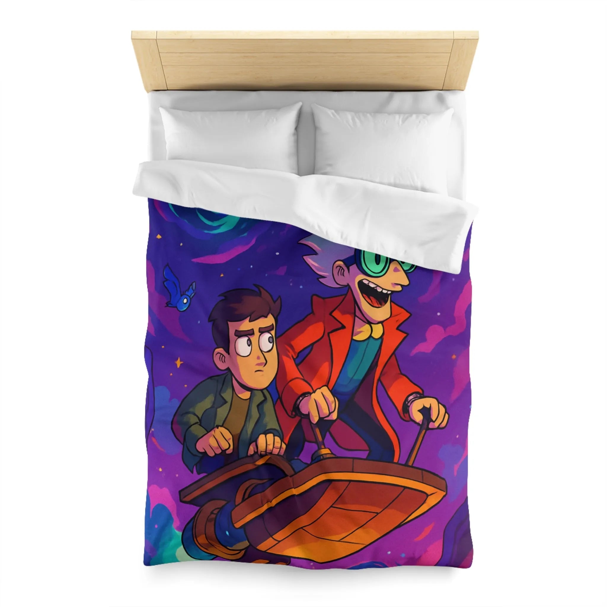 Housse de couette avec illustration d’aventuriers et animaux dans l’espace coloré et rétro
