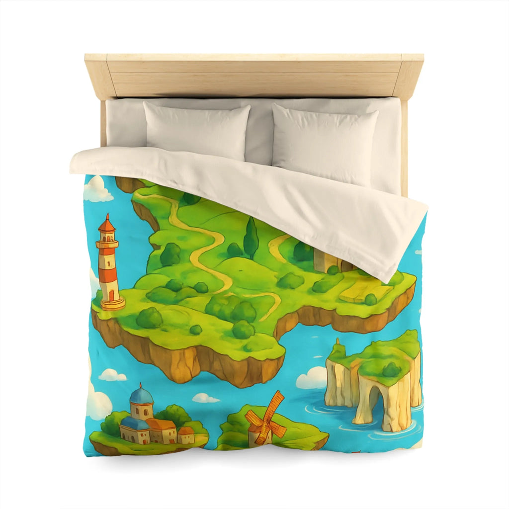 Housse de Couette Fantaisie Île Flottante Paysage Coloré Mer Moulins et Phare