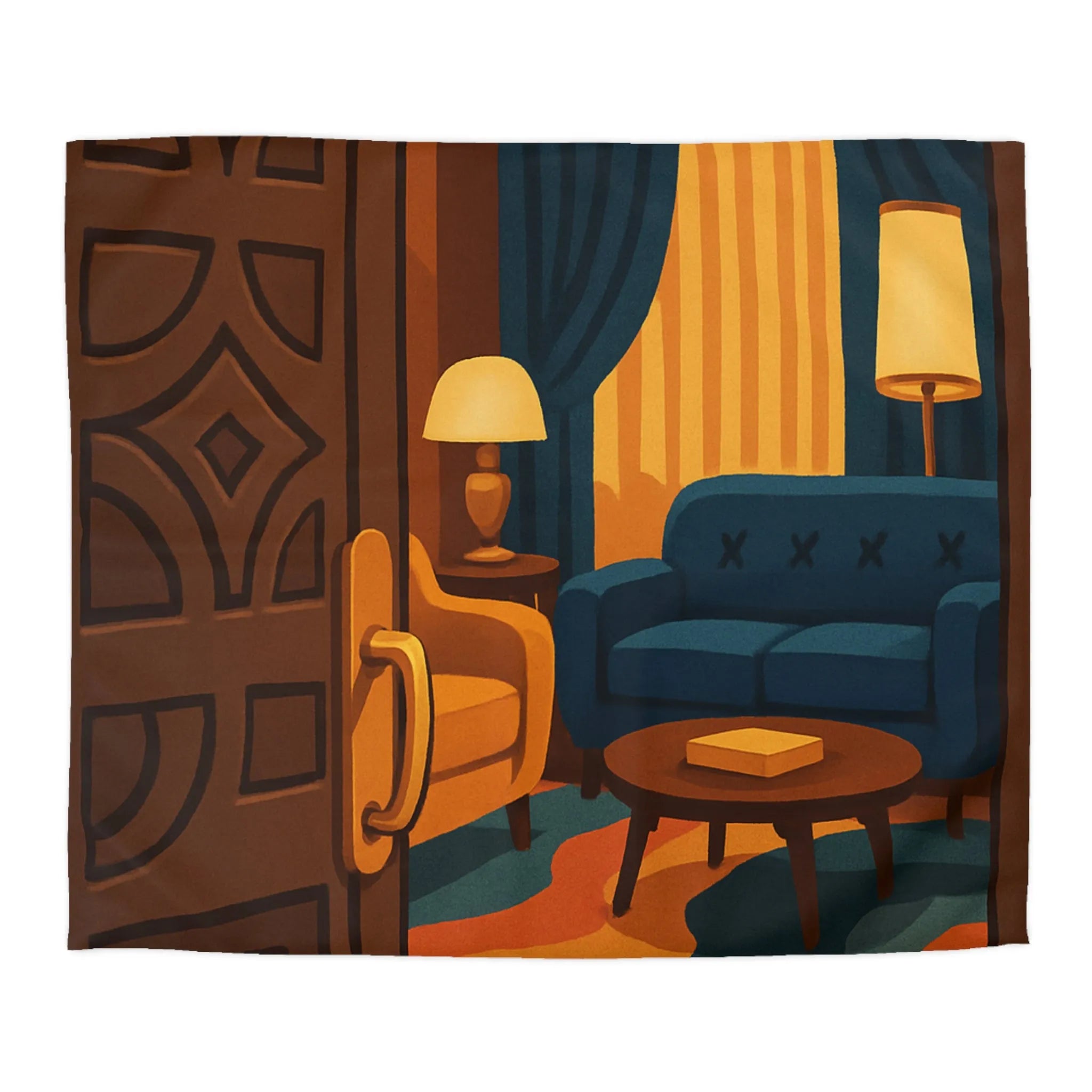 Élégante chambre rétro avec fauteuils modernes et rideaux en velours bleu nuit