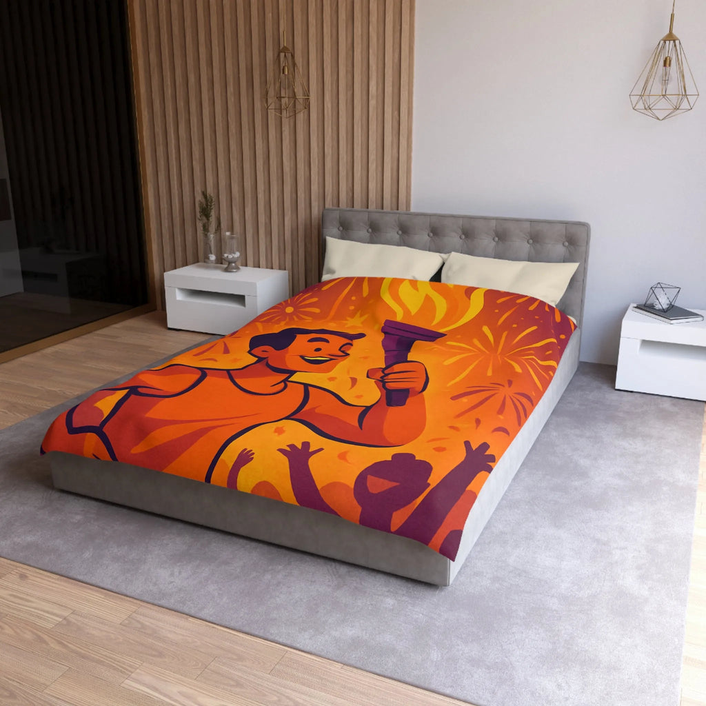 Housse de couette : Athlète olympique portant flambeau avec feux d'artifice lumineux