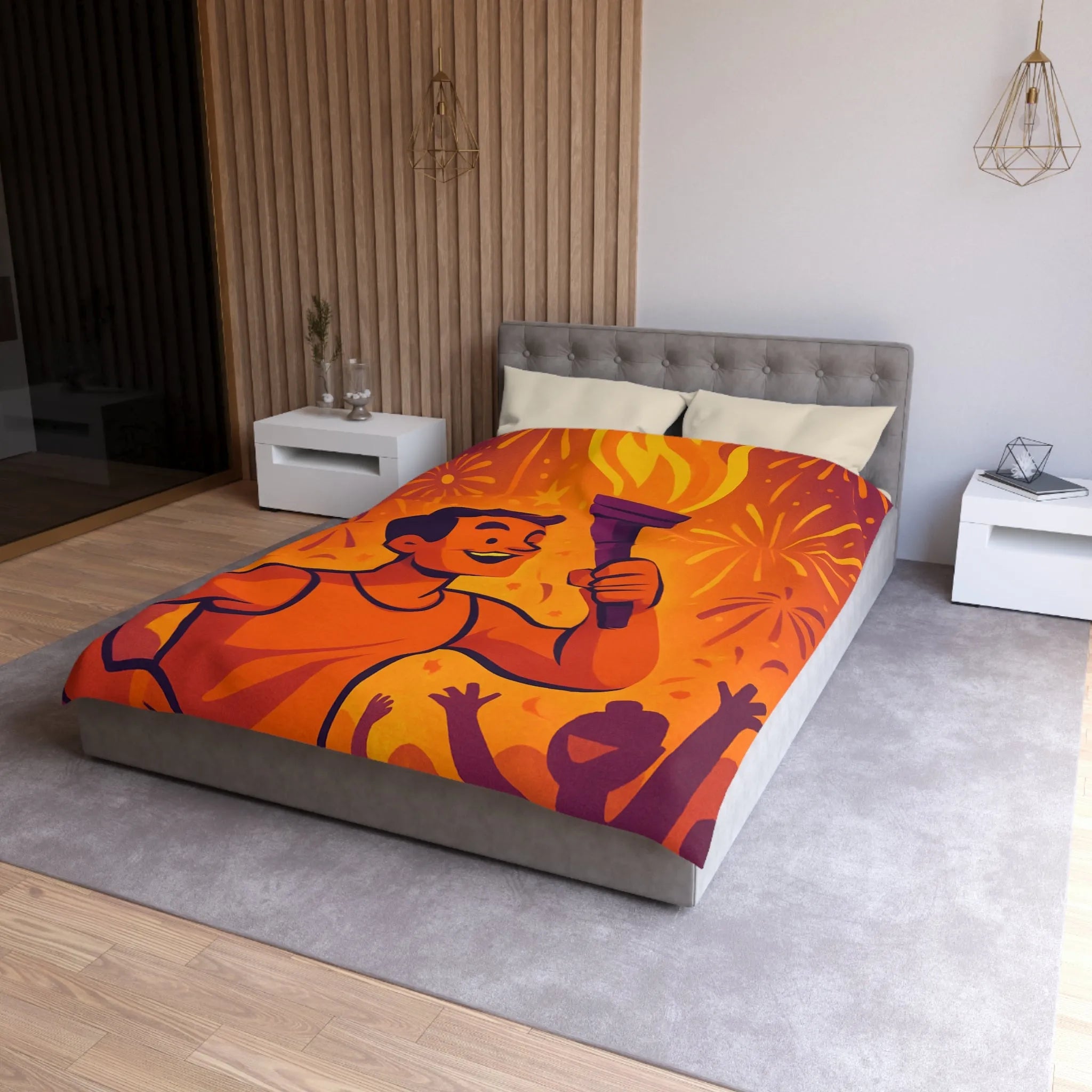 Housse de couette : Athlète olympique portant flambeau avec feux d'artifice lumineux