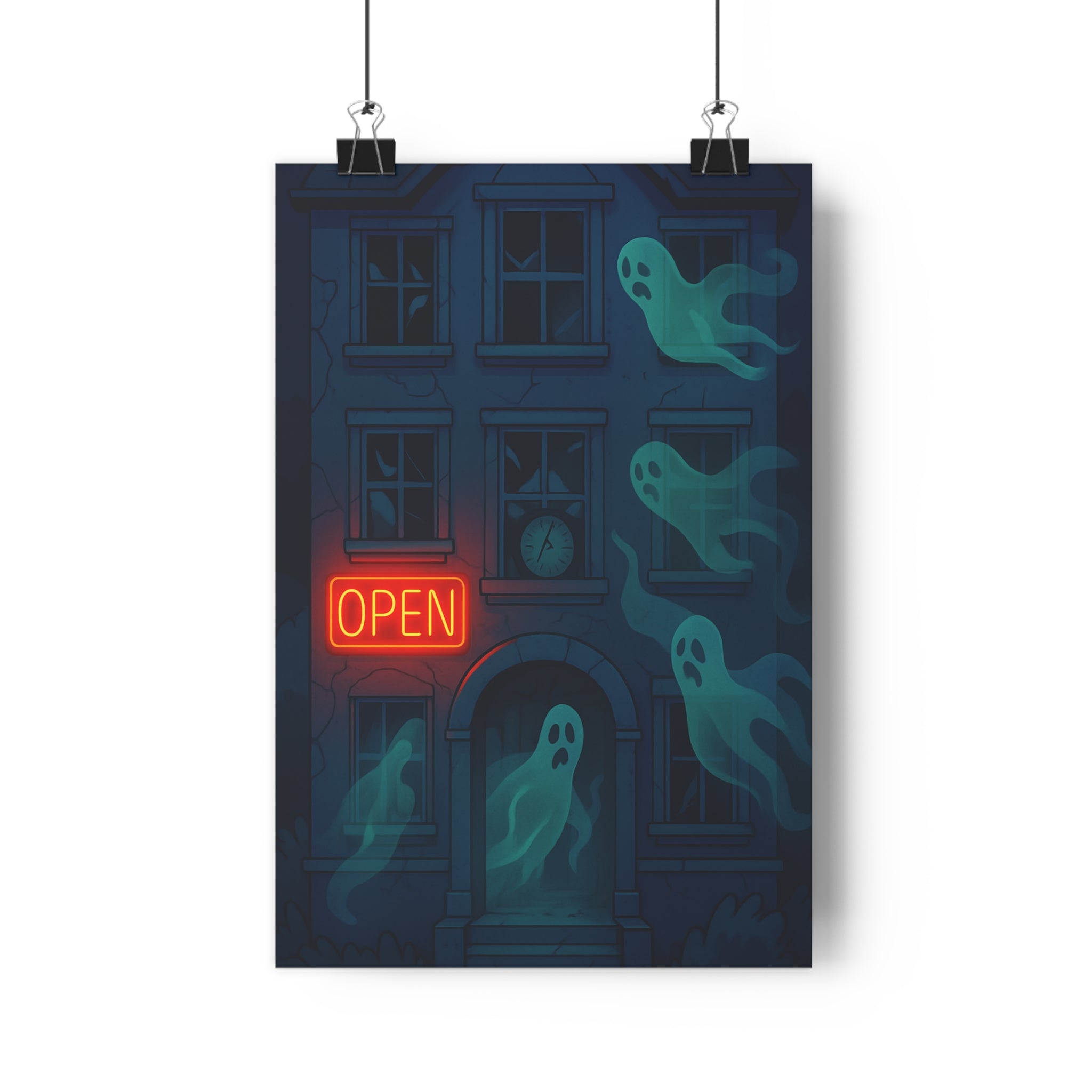 Poster décoratif dessin animé rétro horreur sombre mystique fantômes sépia mystérieux maison hantée chambre