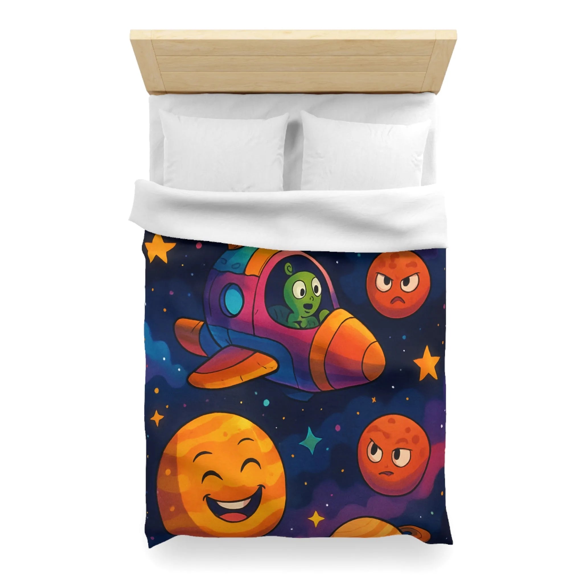 Housse de couette enfant cosmos coloré avec planètes amusantes et fusée extraterrestre