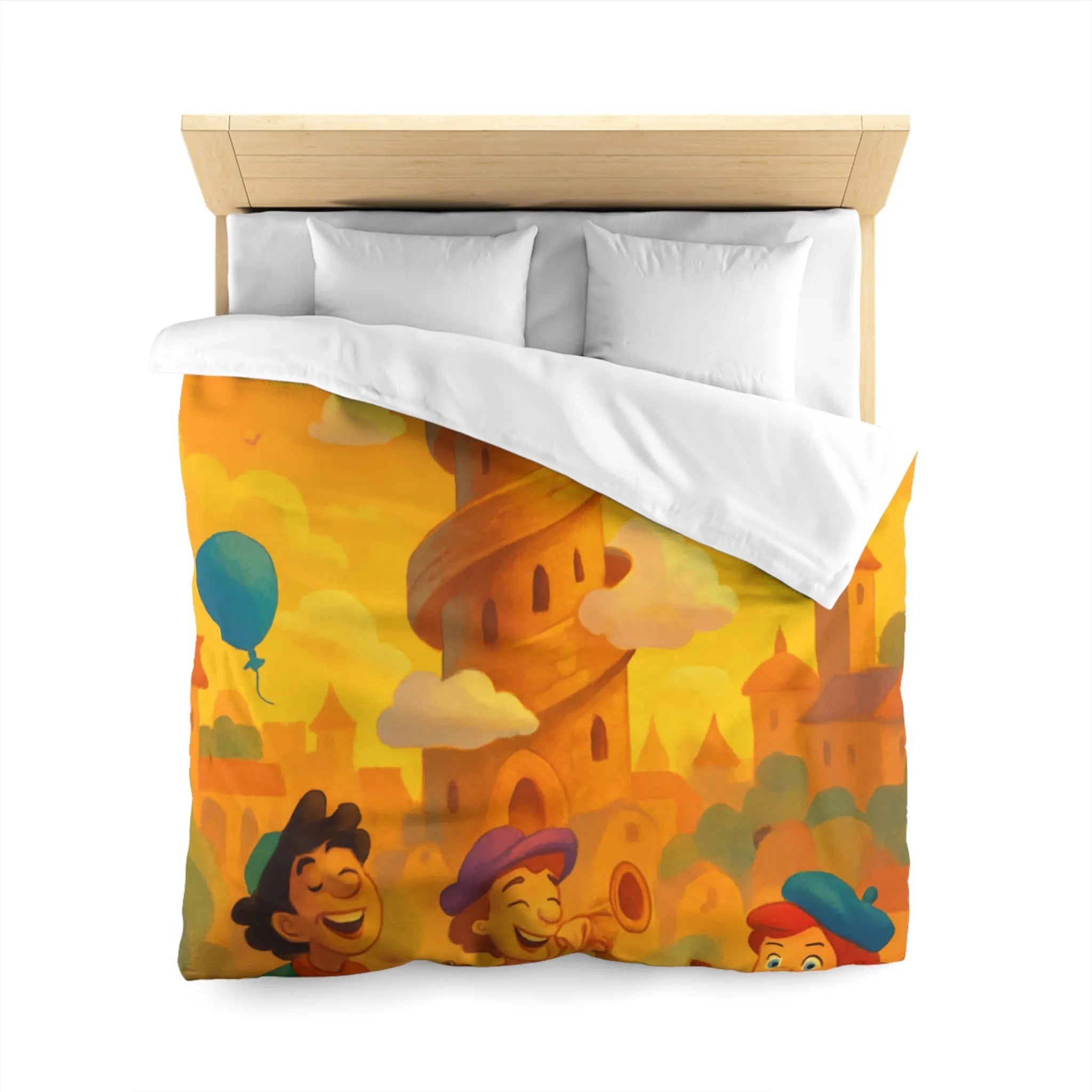 Housse de couette colorée imprimée d'une scène joyeuse avec tours et ballons pastel