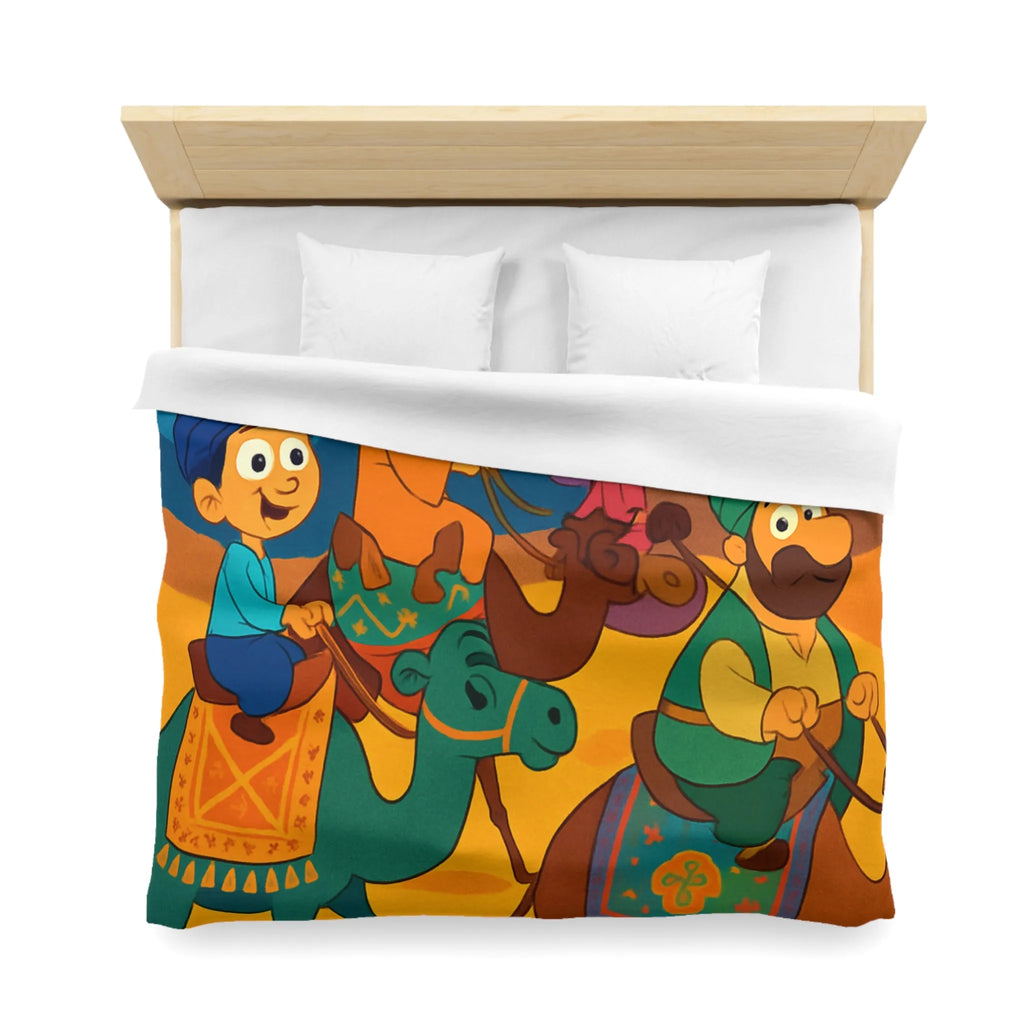 Housse de couette illustrée des enfants et chameaux sous un ciel étoilé magique