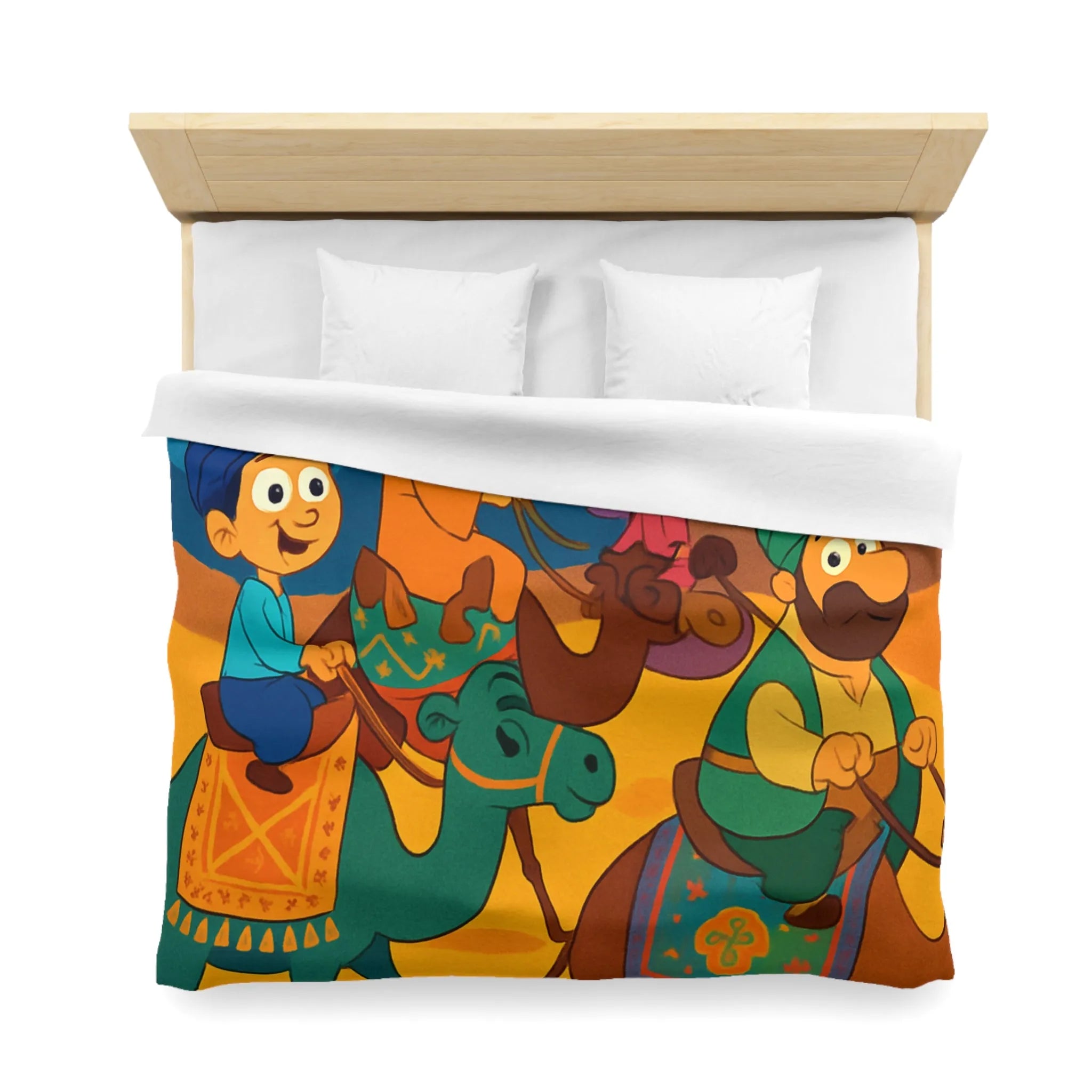 Housse de couette illustrée des enfants et chameaux sous un ciel étoilé magique