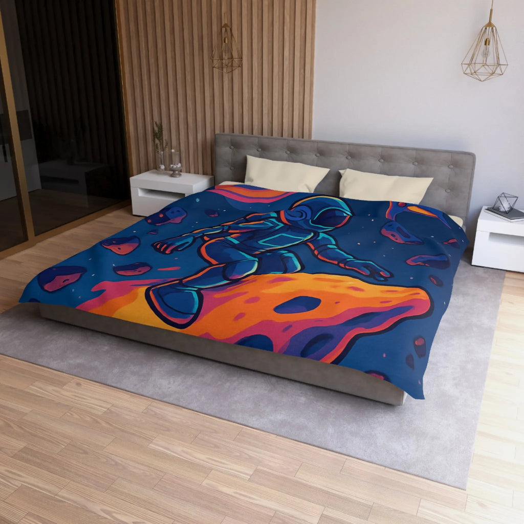 Aventure spatiale colorée avec astronaute sur météore, planète anneau et vaisseaux futuristes