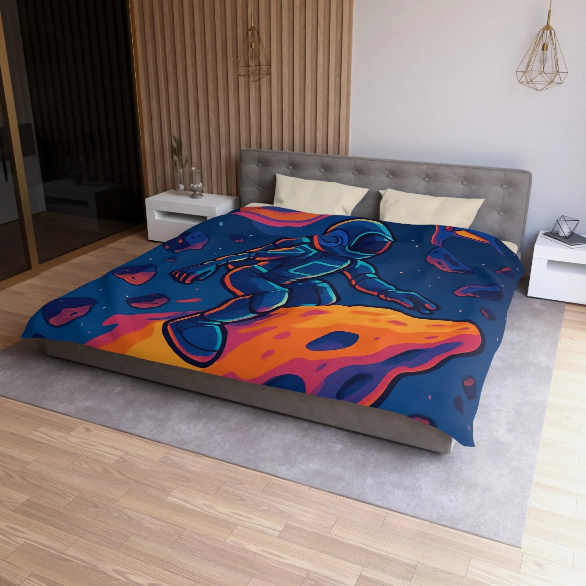 Aventure spatiale colorée avec astronaute sur météore, planète anneau et vaisseaux futuristes