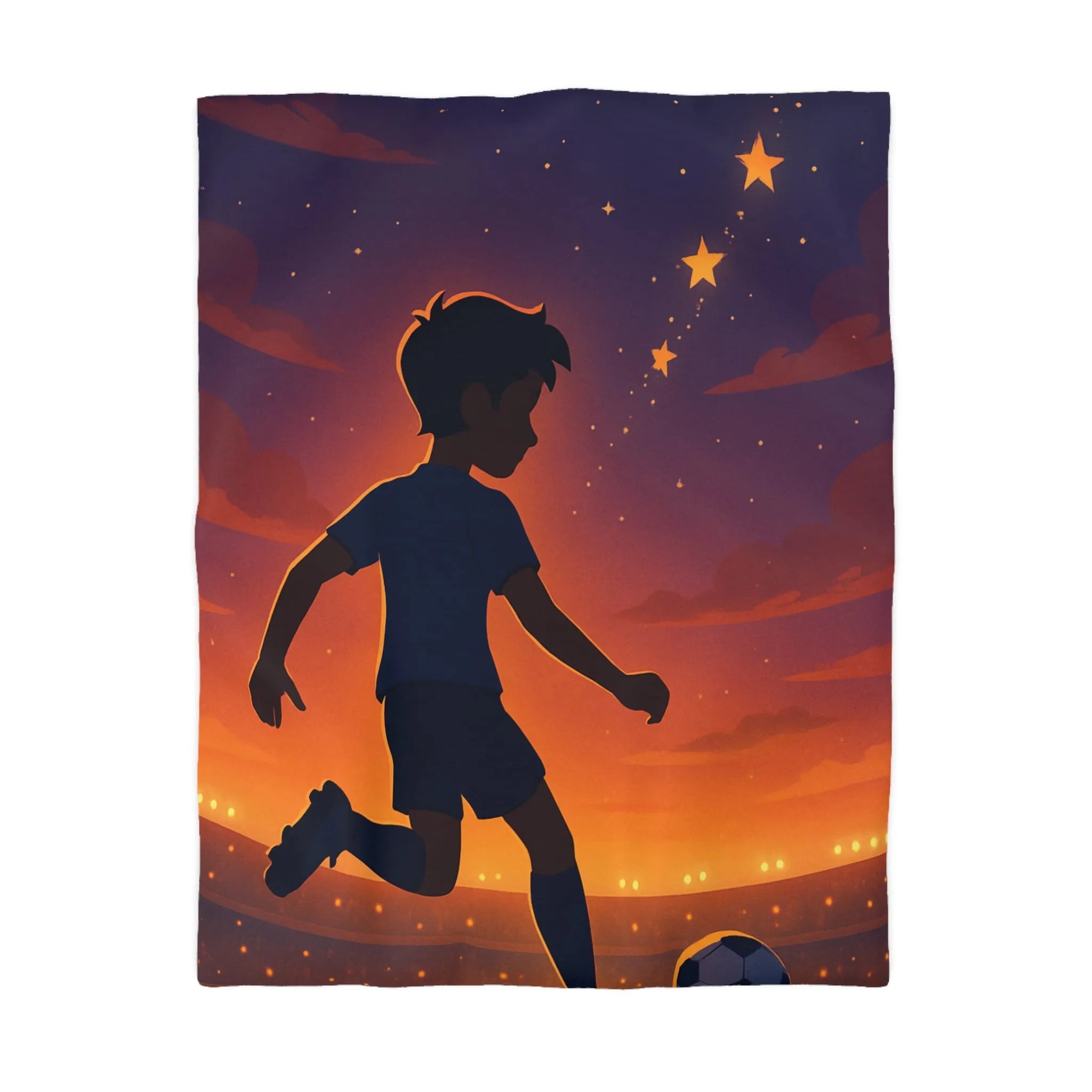 Housse de couette illustrée de garçon jouant au football sous un ciel étoilé inspirant