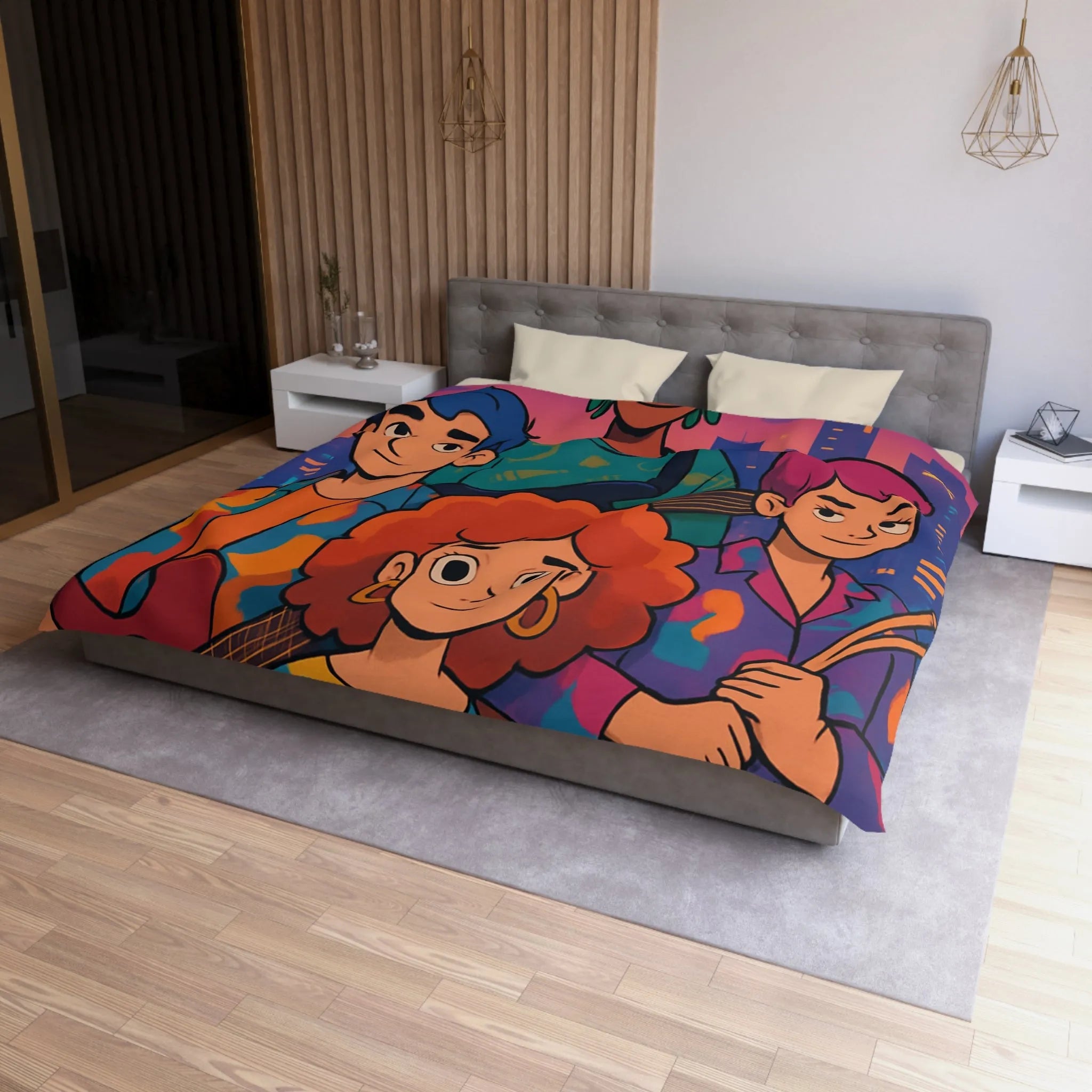 Housse de couette colorée avec groupe de musiciens devant un paysage urbain nocturne