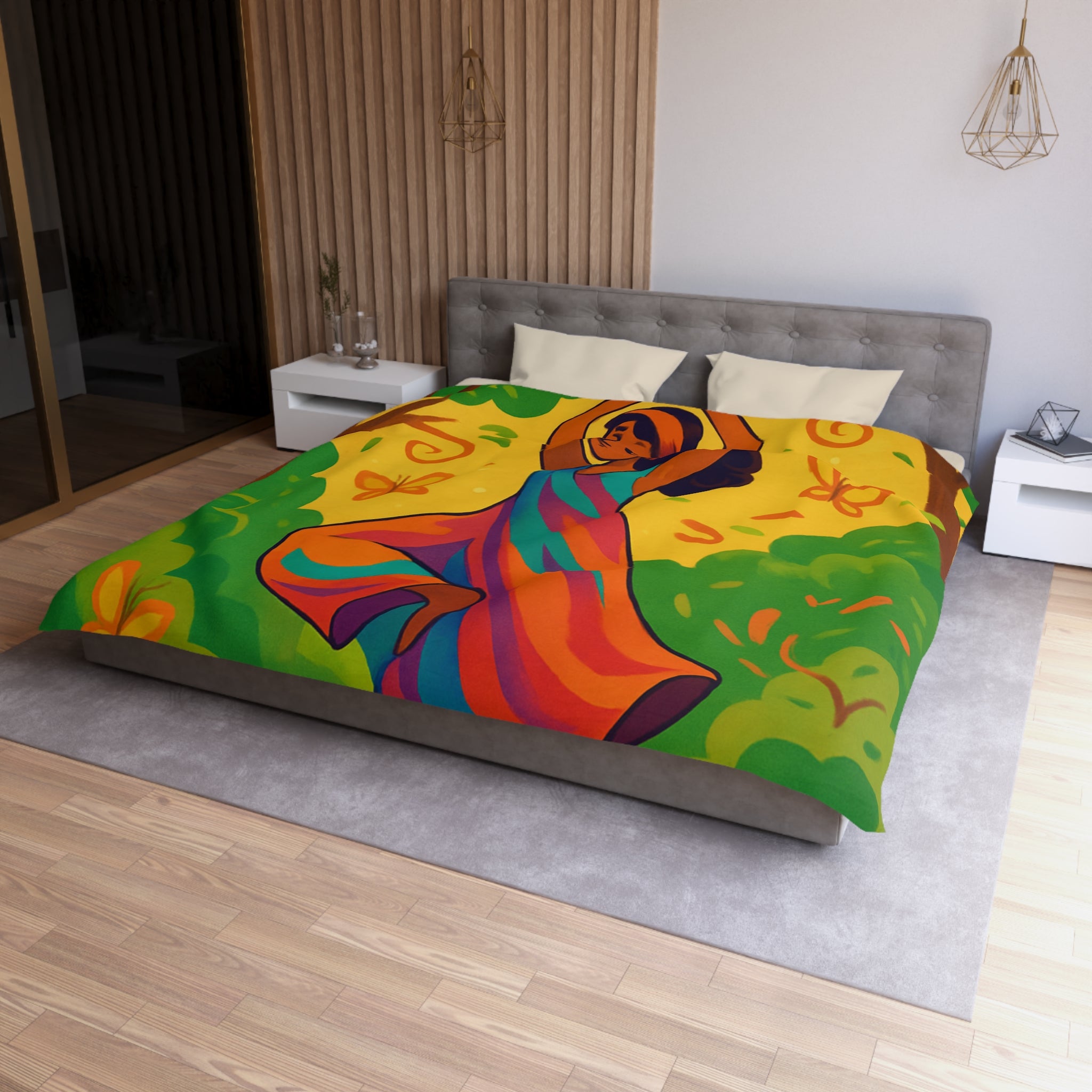 Housse de couette avec illustration apaisante d'une jeune femme méditant en nature