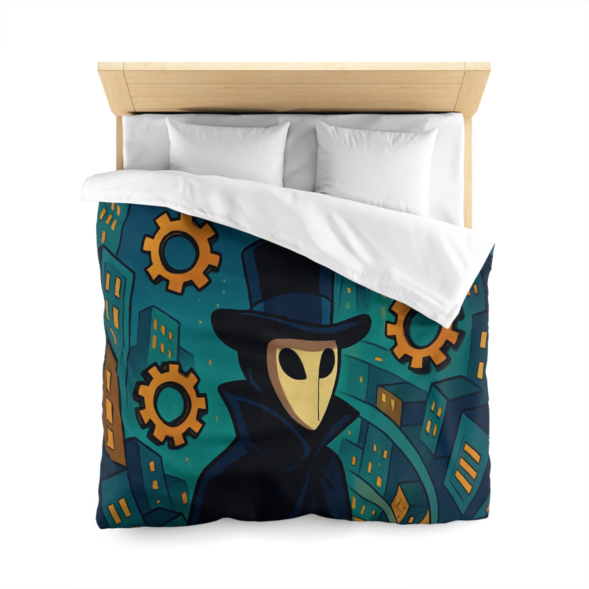 Housse de couette mystérieuse avec personnage masqué, engrenages dorés et ville nocturne