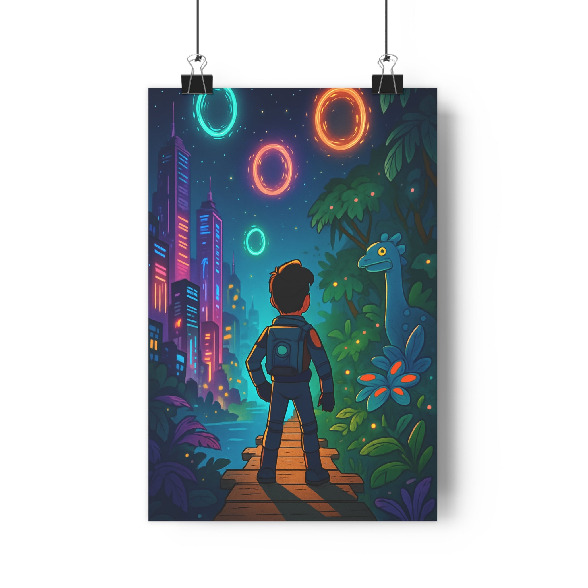 Poster décoratif futuriste bleu néons cartoon aventure enfant salon fantastique jungle explorateur magique qualité