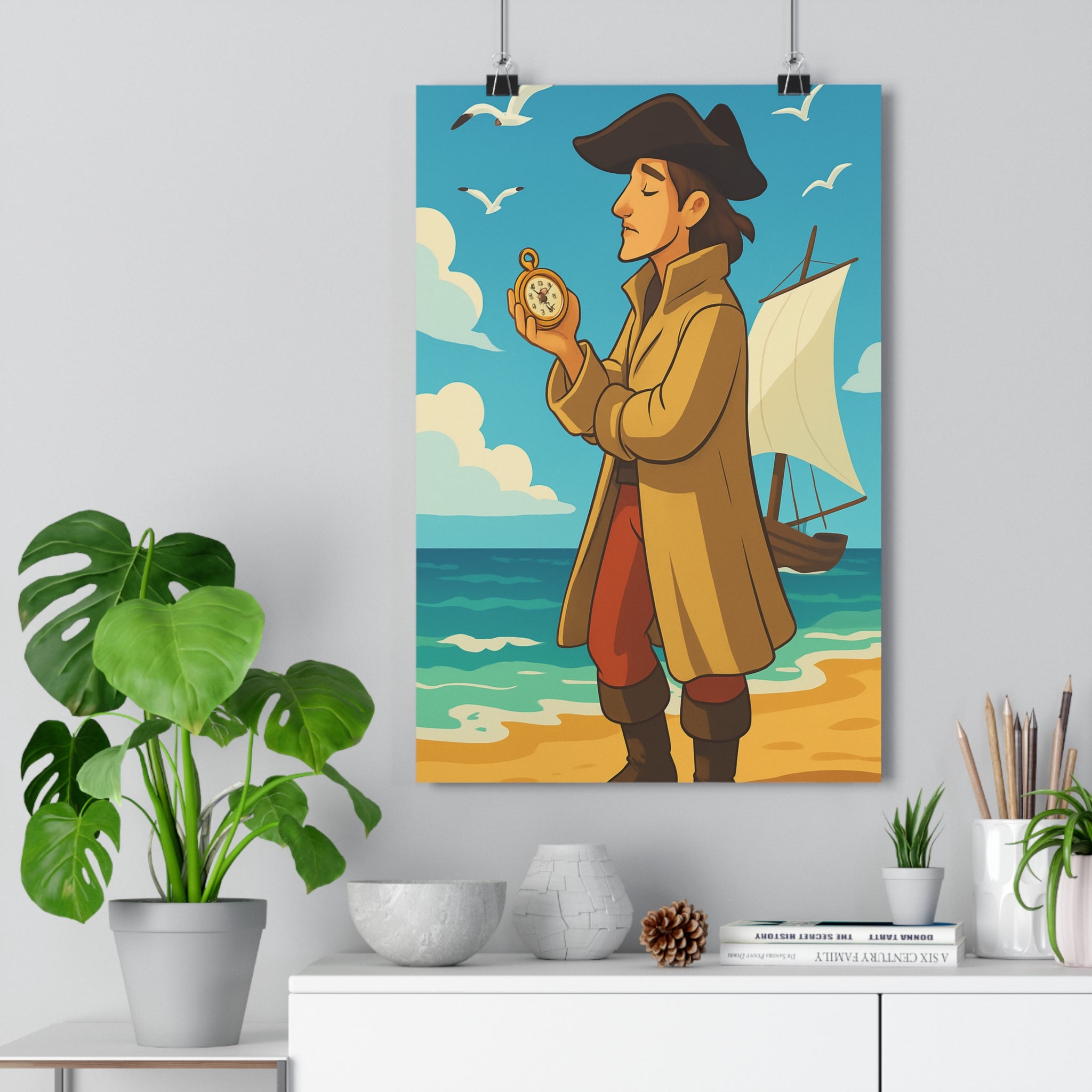 Poster décoratif rétro plage mer aventure beige bleu salon chambre rêveur 30x46 cm qualité