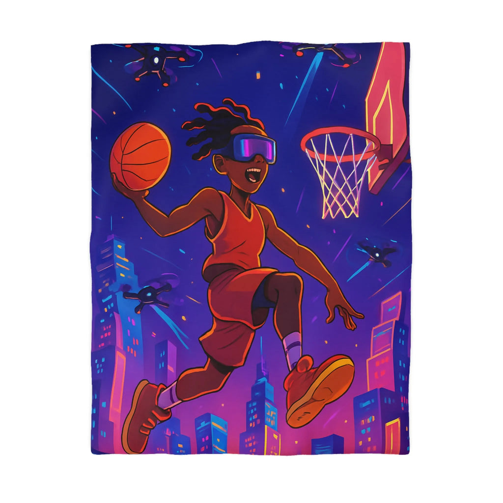 Housse de couette colorée avec joueur de basket futuriste volant avec drones cabine urbaine